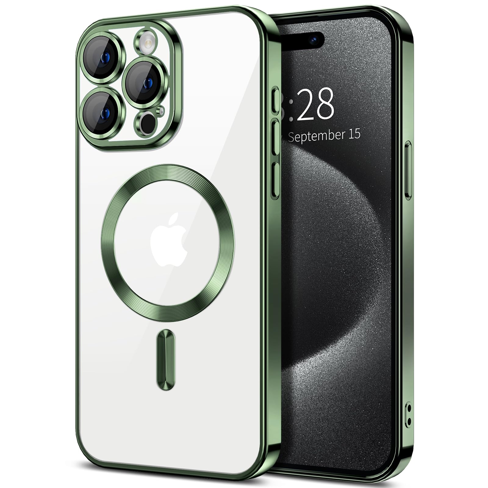 Coque iPhone 15 Pro verte transparente compatible MagSafe avec protection objectif - 8