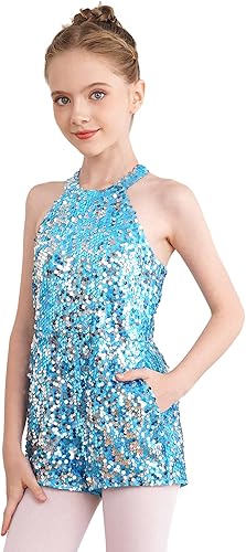 Vista 2 de CHICTRY Disfraz de danza para niñas y niñas, con lentejuelas brillantes, sin mangas, para ballet latino, jazz latino, leotardo