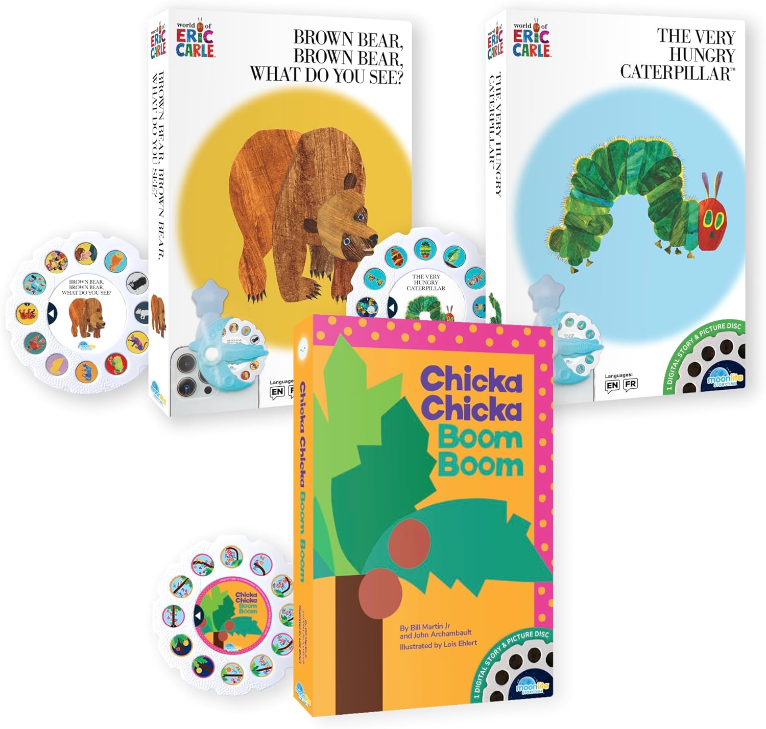 Moonlite Storytime Storybook Reels, 3 Story Set, Eric Carle The Very Hungry Caterpillar, Brown Bear, Chicka Chicka Boom Boom, Digital Stories for Projector, Early Learning Gifts for Kids 12 Months+