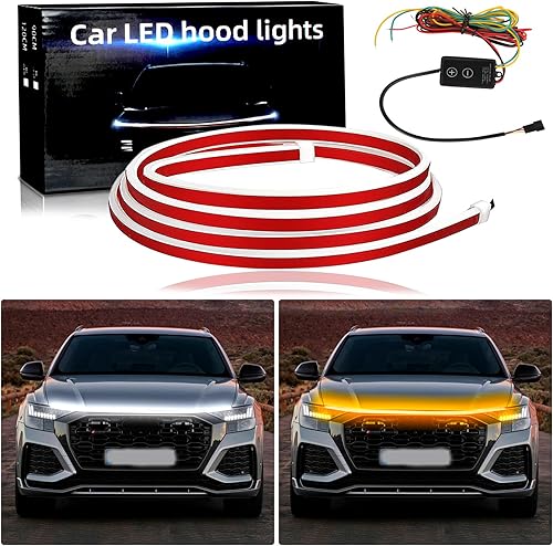 JMTBNO Tira de luz LED para capó de automóvil de 71 pulgadas, luz de capó de arranque dinámico de doble color, luces de circulación diurna, luces
