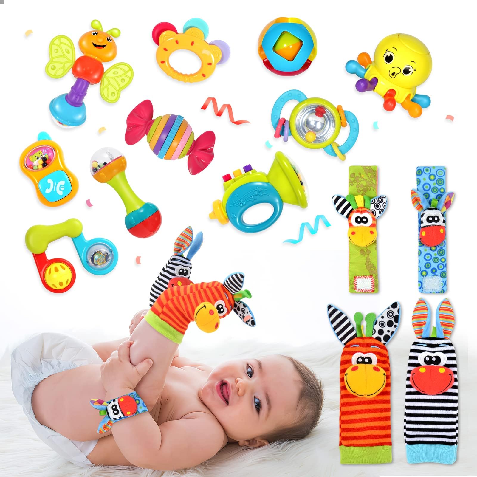 Baby Sensory Toys 0-6 Months Newborn Toys Baby Rattle Toys for 0 3 6 9 12 Months Babies Gift Set Includes Wrist Rattles and Foot Finders Socks (14 Pcs)