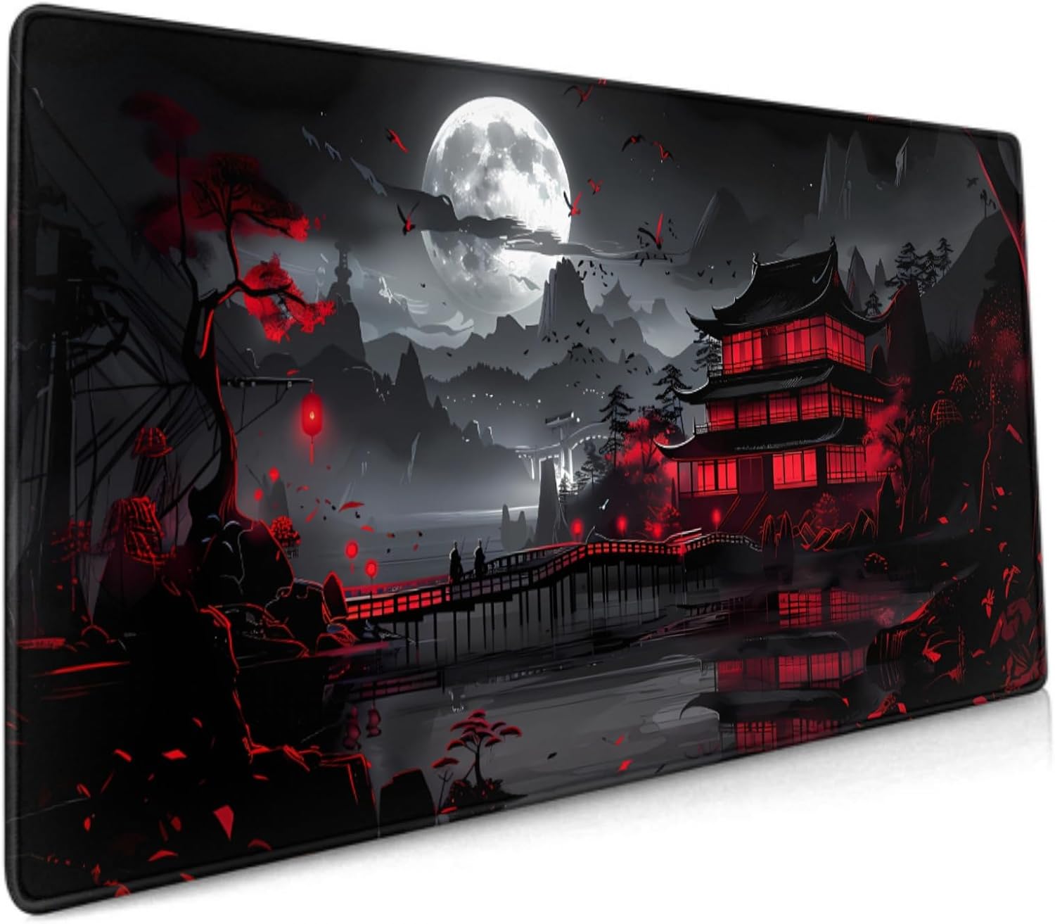Black Red Japanese Mouse Pad XXL 35.4 X 15.7 Inch Design Style Extended Large Gaming Mousepad Keyboard Full Desk Mat Non-Slip Rubber Base Stitched Edges for Home Office