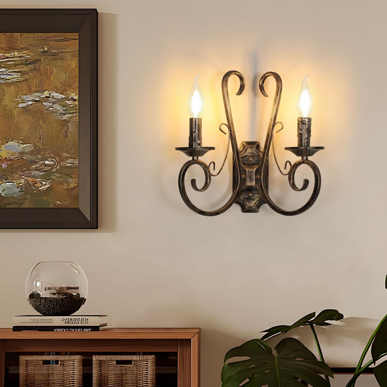 2 Lichts Wandleuchte, E14 Retro Wandlampe Vintage Französisch | Traditionelle Bronze, Rustikale Wandleuchte Innen für Schlafzimmer, Wohnzimmer, Treppen, Flur, ohne Leuchtmittel