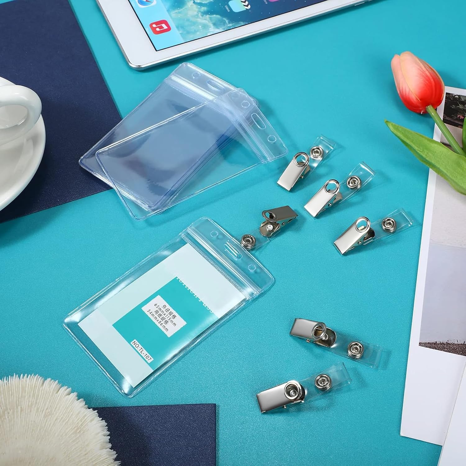 100 Sets ID Badge Holder with Metal Badge Clips and PVC Straps Waterproof Sealed Clear Plastic Vertical Name Tag Holder for Name Tag Work Card Drive License Clips Office Car