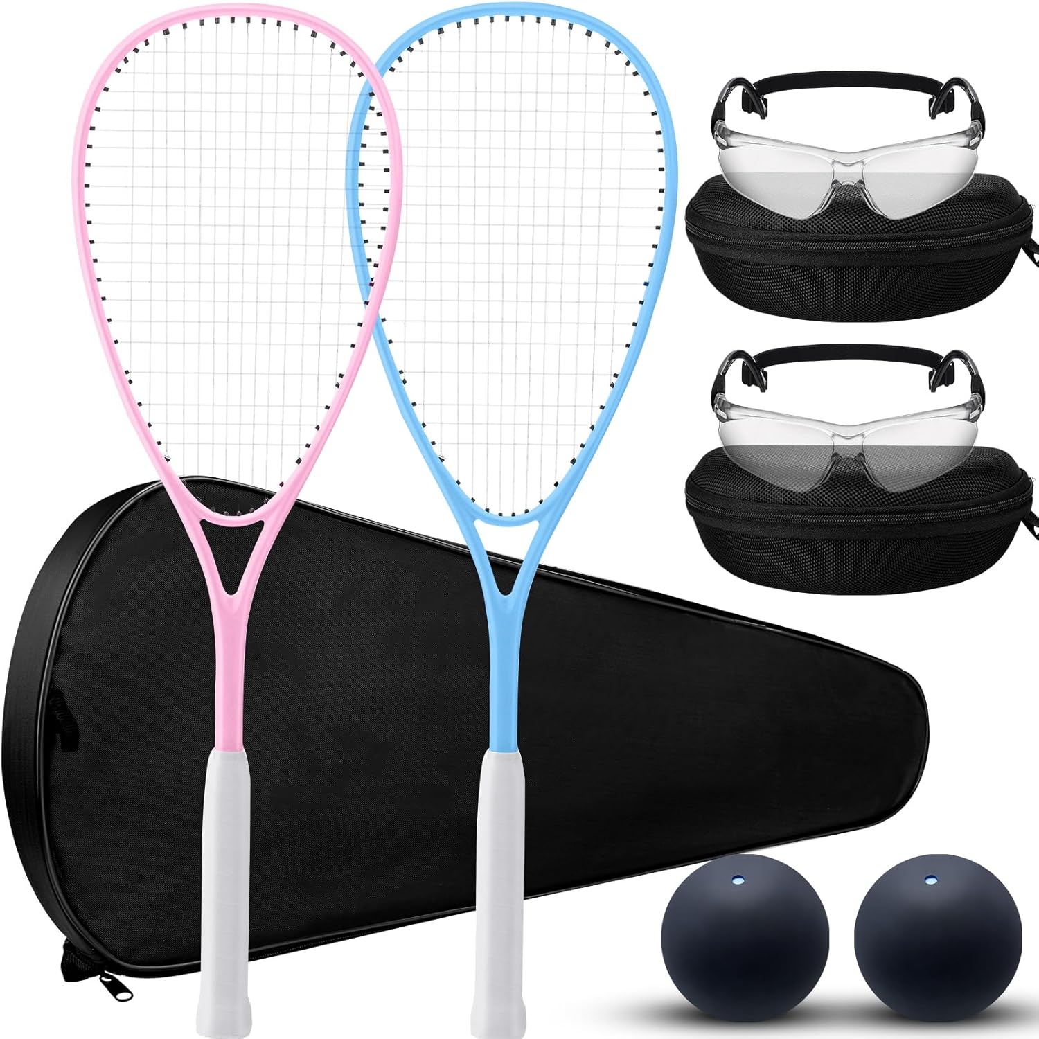 Seenelling 2-Pack Beginner Squash Racquet Set: Racquets with Bags, Anti-Fog Goggles, Blue Dot Balls for Training & Fun