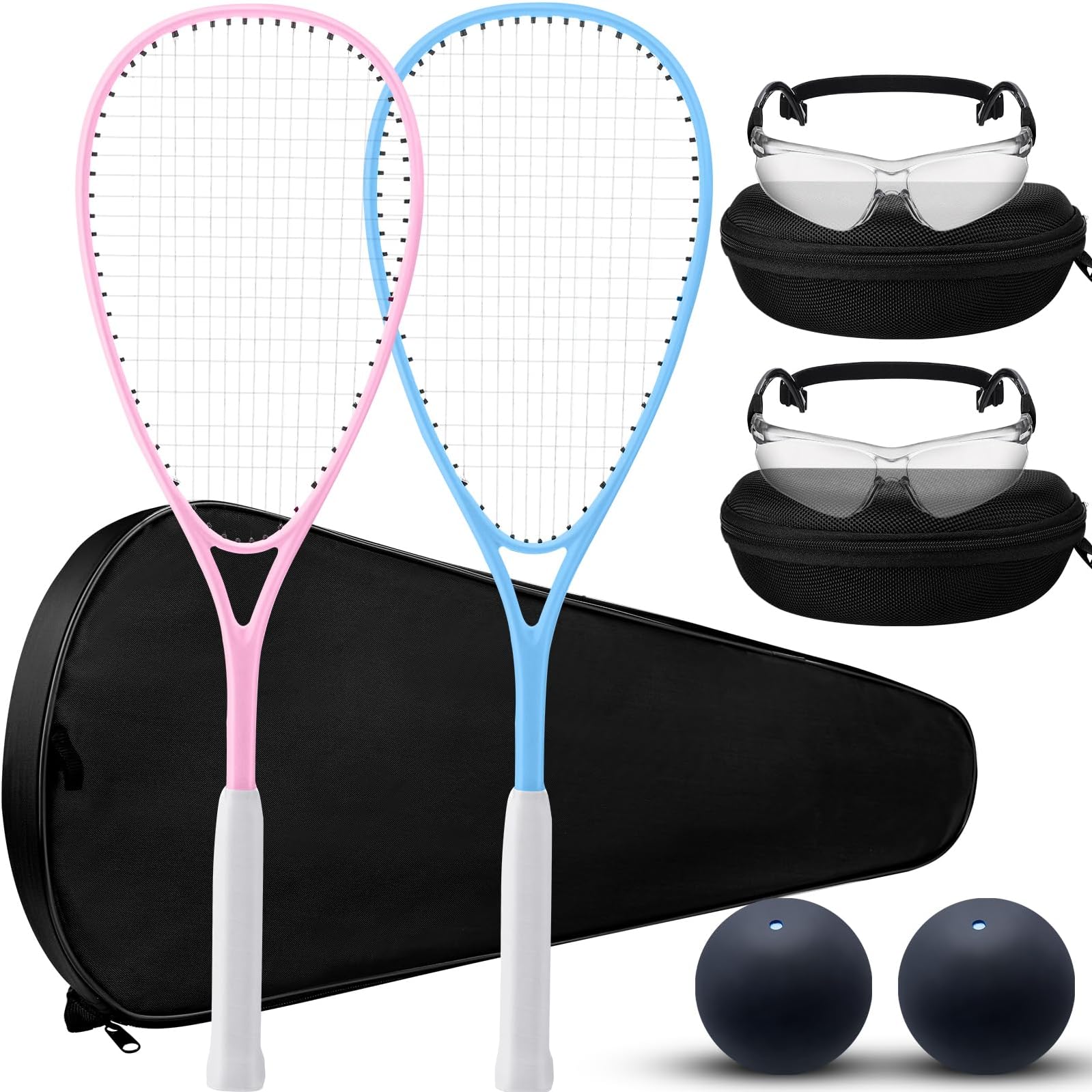 2 Pack Beginner Squash Racquet Set Includes 2 Racquets with Racket Bags 2 Anti Fog Goggles with Cases and 2 Blue Dot Squash Ball for Beginners Training Recreational Play