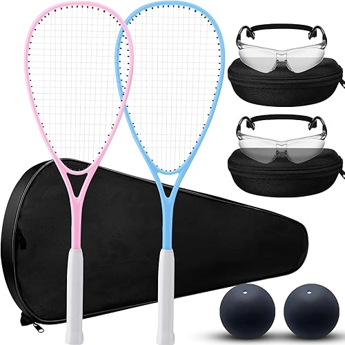 Paquete de 2 raquetas de squash para principiantes, incluye 2 raquetas con bolsas de raqueta, 2 gafas antivaho con estuches y 2 bolas de calabaza de