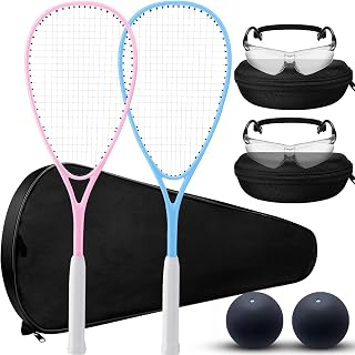 Seenelling 2 Pack Beginner Squash Racquet Set | 2 Racquets with Racket Bags 2 Anti Fog Goggles with Cases and 2 Blue Dot Squash Ball for Beginners Training Recreational Play
