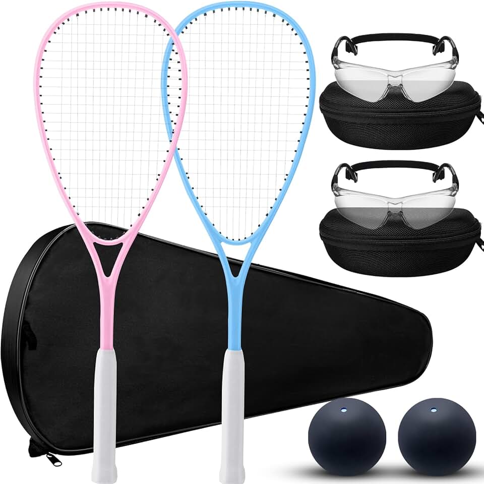 Conjunto de 2 raquete de squash para iniciantes inclui 2 raquetes com bolsas de raquete, 2 óculos antiembaçamento com estojos e 2 bolas de squash de bolinhas azuis para iniciantes e