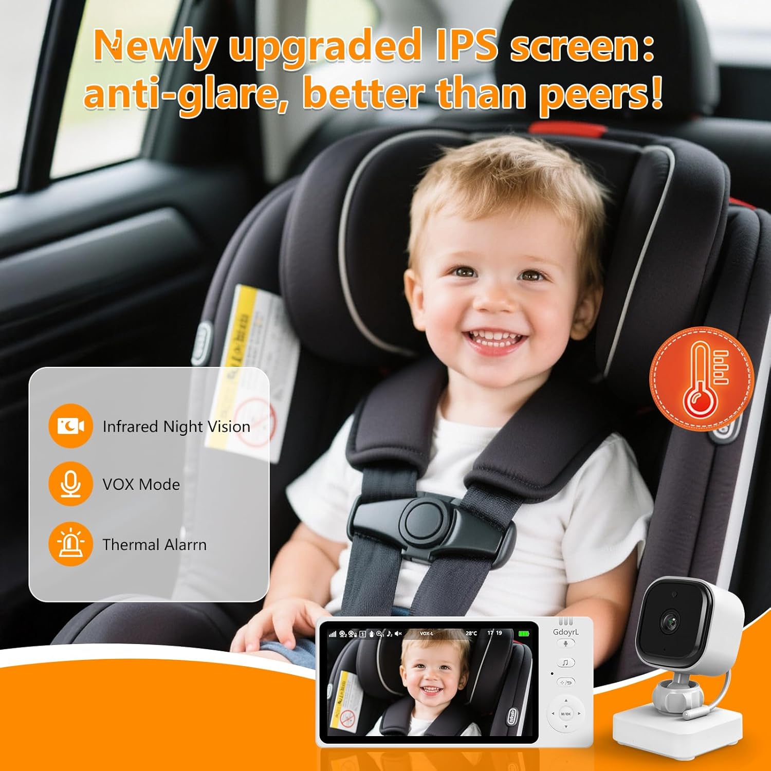 Wireless Baby Car Camera 5" HD 1080P IPS Anti-Glare Screen USB Powered, Temperature Alert, Night Vision & VOX Mode, 360° Rotatable Rear Facing Carseat Monitor Newborns Travel Essentials Gifts