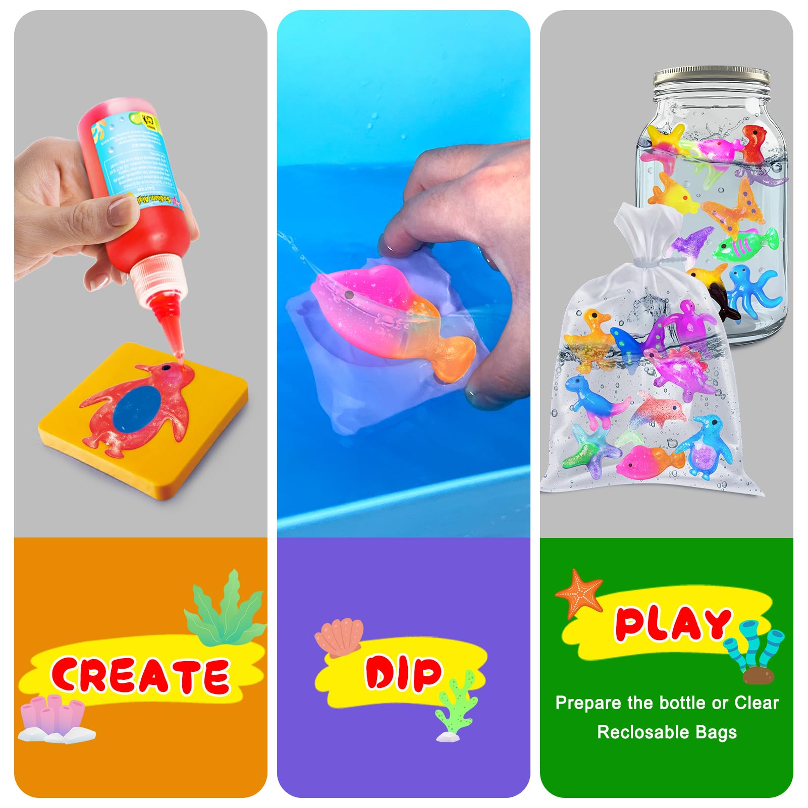 UNGLINGA Magic Water Elf Toy Kit für Kinder, 8 Flaschen Farbgel, Wasser Gel Wassertiere Selber Machen Kreatives Bastelset für Mädchen Jungen Geburtstag Geschenk