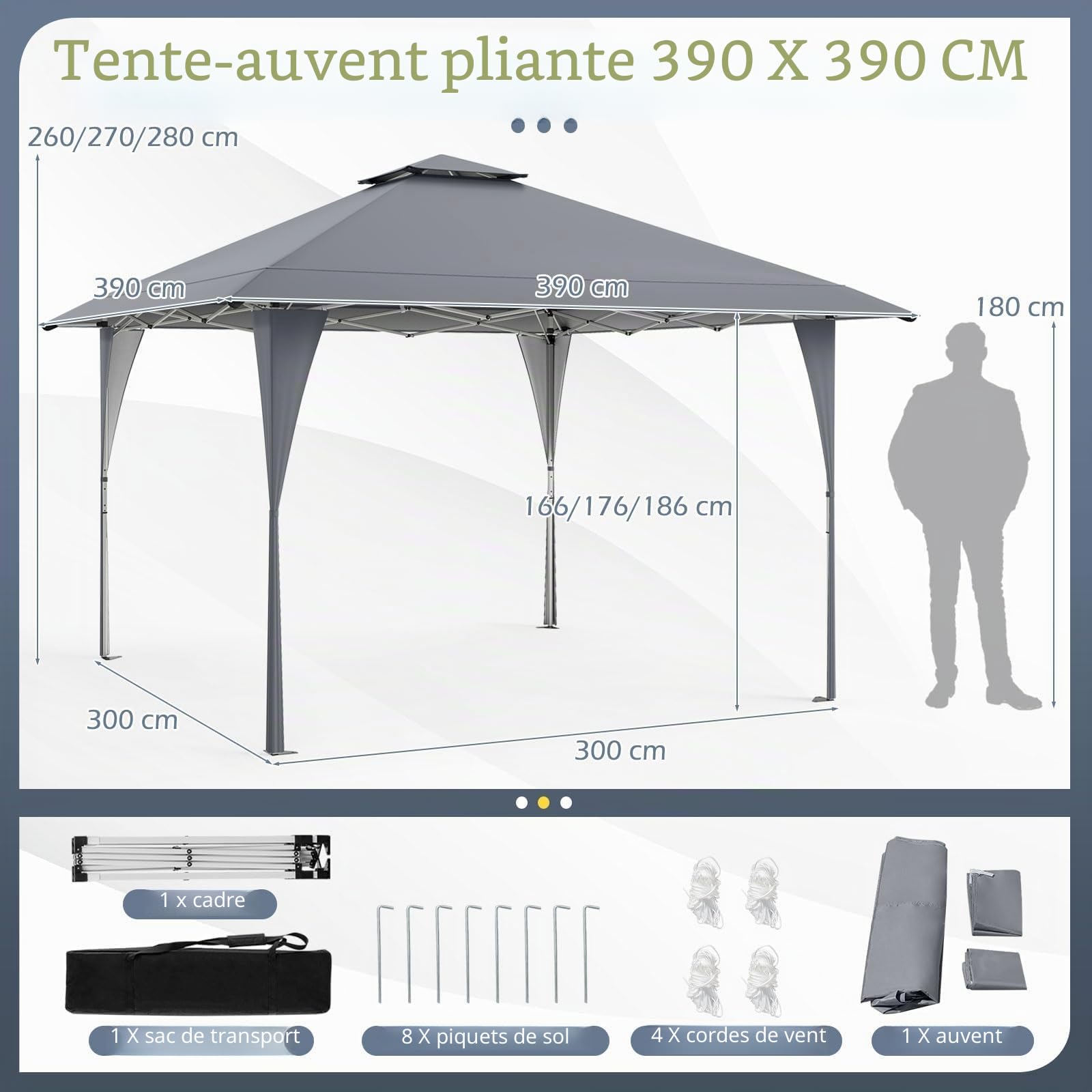 FANTASK Tonnelle Pliante 4 x 4 m, Pop-up avec Double Toit et Cadre en métal, tonnelle de Jardin réglable en Hauteur pour l'extérieur, Le marché et Le Jardin, Gris