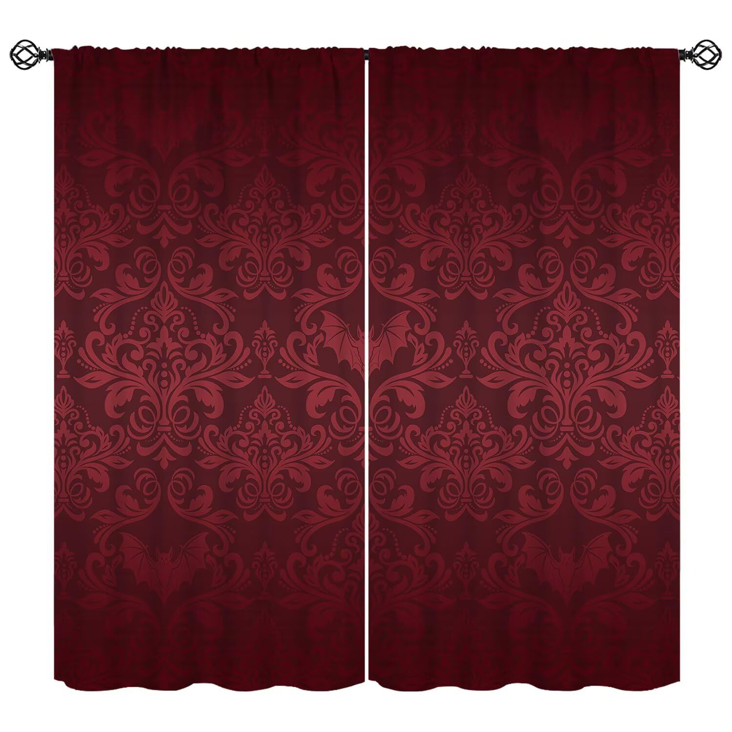 moderw Damask Gothic Vintage Curtains Red Antique Floral Victorian Goth Window Treatments for Bedroom Bat Bats Skull Bone Bohemian Baroque Blackout Window Drapes for Living Room W84xL84in