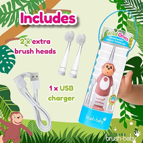 Miniatura 3 de brush-baby WildOnes - Cepillo de dientes eléctrico recargable para niños, 1 mango, 3 cabezales de cepillo, cable de carga USB, para edades de 0 a 10