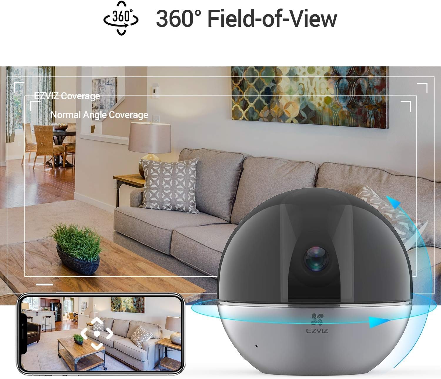 EZVIZ C6W camera demonstrating 360-degree field of view in a living room setting, with a smartphone displaying the camera's panoramic control interface.
