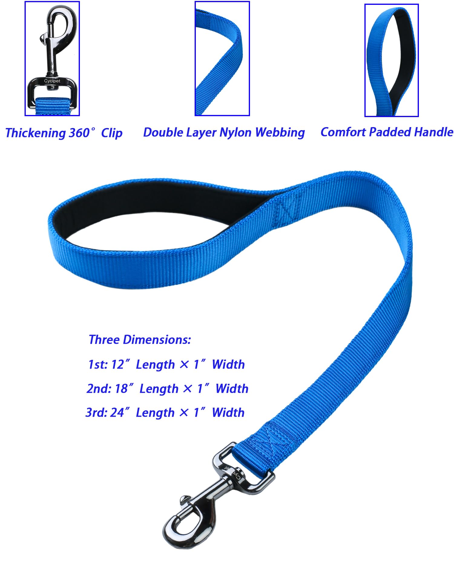 Correa corta de nailon de alta calidad de 61 cm con cierre resistente y mango acolchado cómodo para perros grandes de raza media, uso diario, correr, caminar, entrenamiento, etc. (61 cm, azul