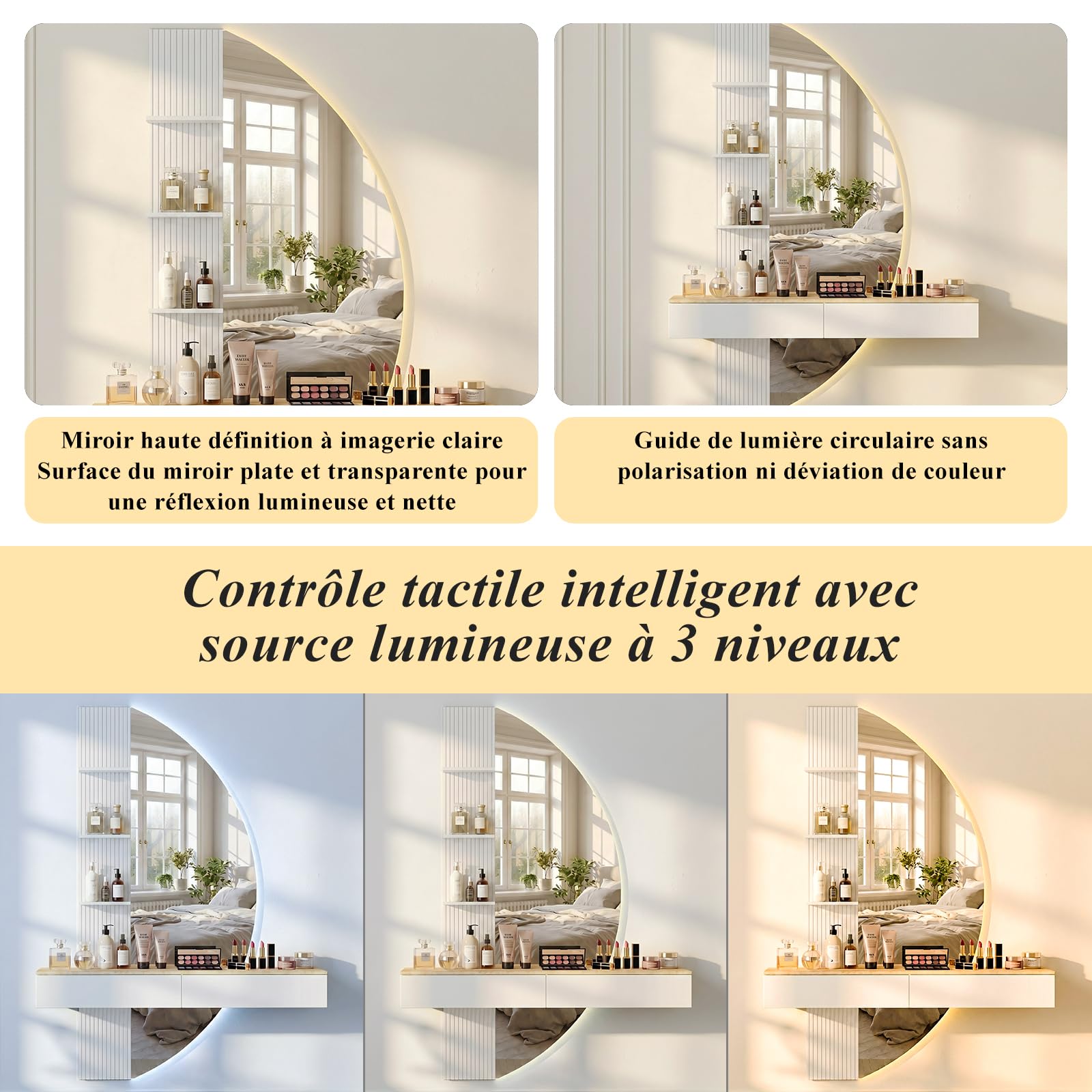 JUMMICO Coiffeuse Murale Flottante avec Miroir HD à éclairage LED, variateur Tactile et 3 températures de Couleur, équipée de tiroirs de Rangement (Blanc)
