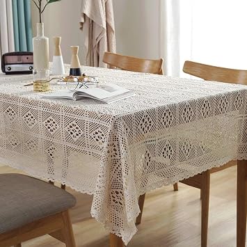 Vintage Crochet Doilies Tablecloth Beige Cotton Crochet Rectangular Tablecloths Lace Doilies Tablecloths Table Cover Wedding Home Party Decor 55x63 Inch