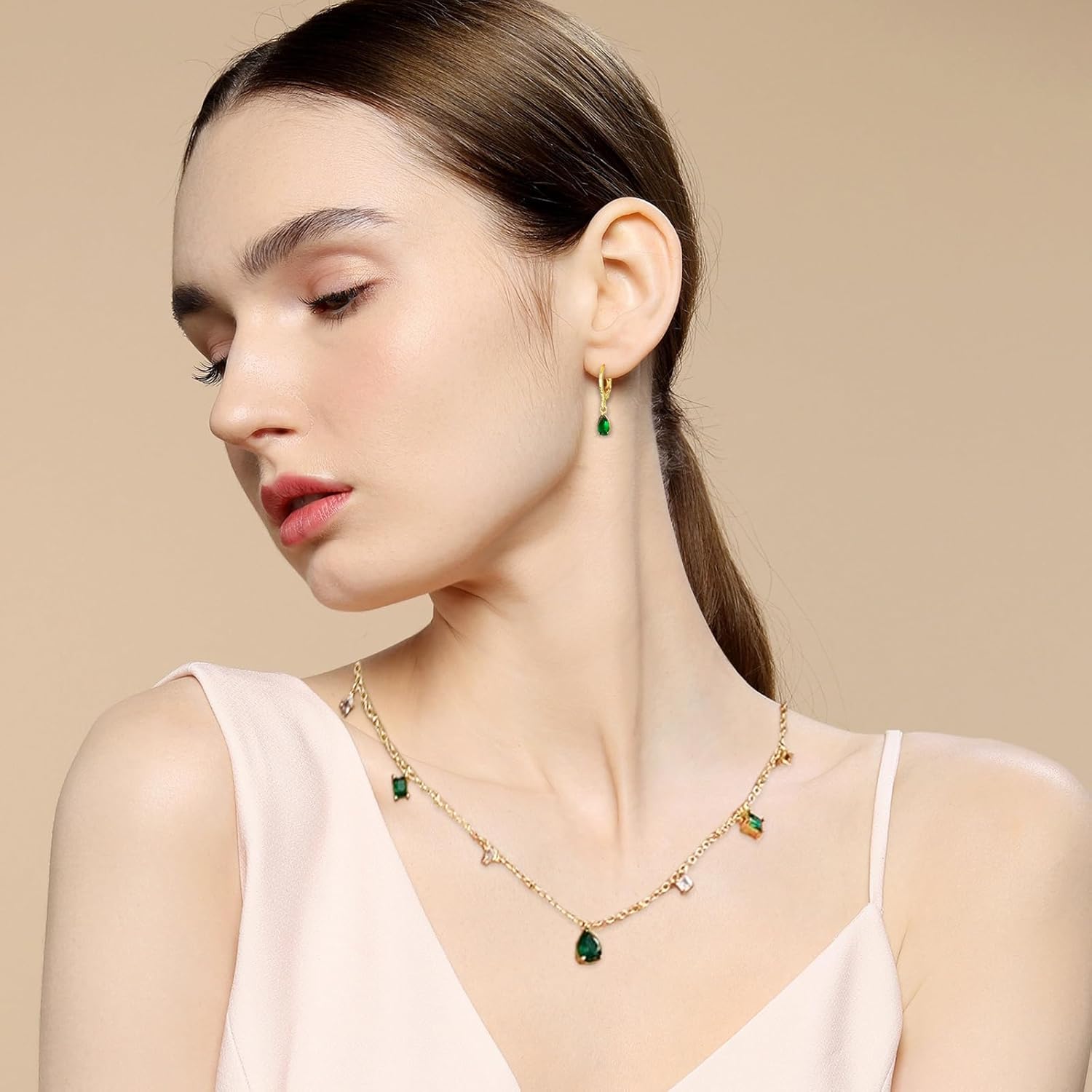 CZ Tearsdrop Necklace Earrings Jewelry Set 18K Gold Plated Diamond Cubic Zirconia Choker Pendant Necklace Red Emerald Green Black stone Necklace Earring for Party Prom Gothic Jewelry Gift - Image 2