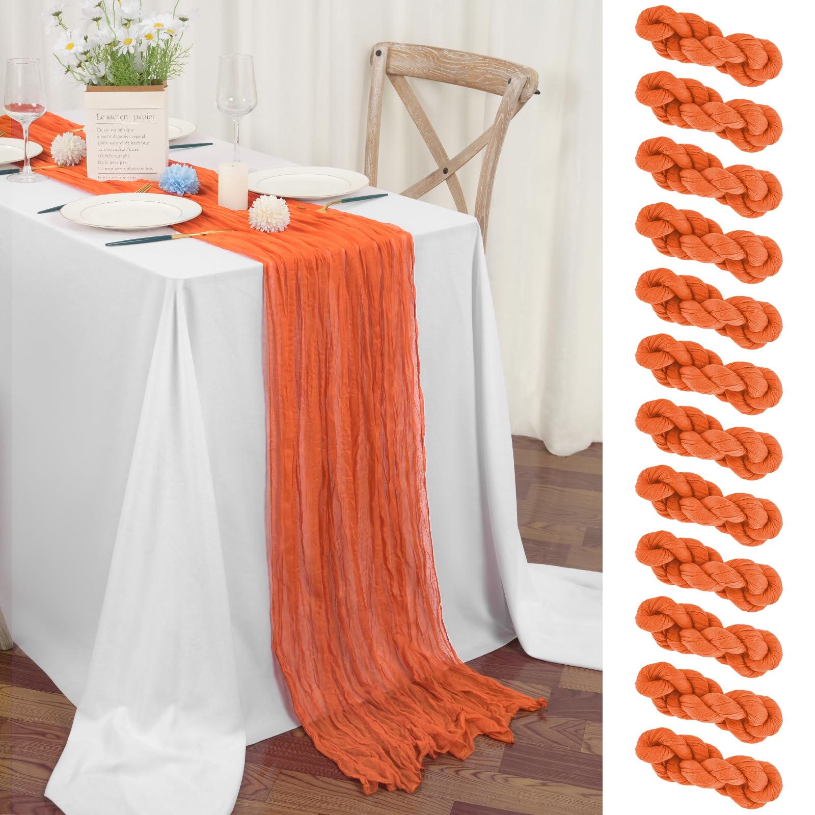 12 Pack Orange Cheesecloth Table Runner 45x275 cm Boho Gauze Cheese Cloth Table Runner for Wedding Party Baby Bridal Shower Birthday Decorations