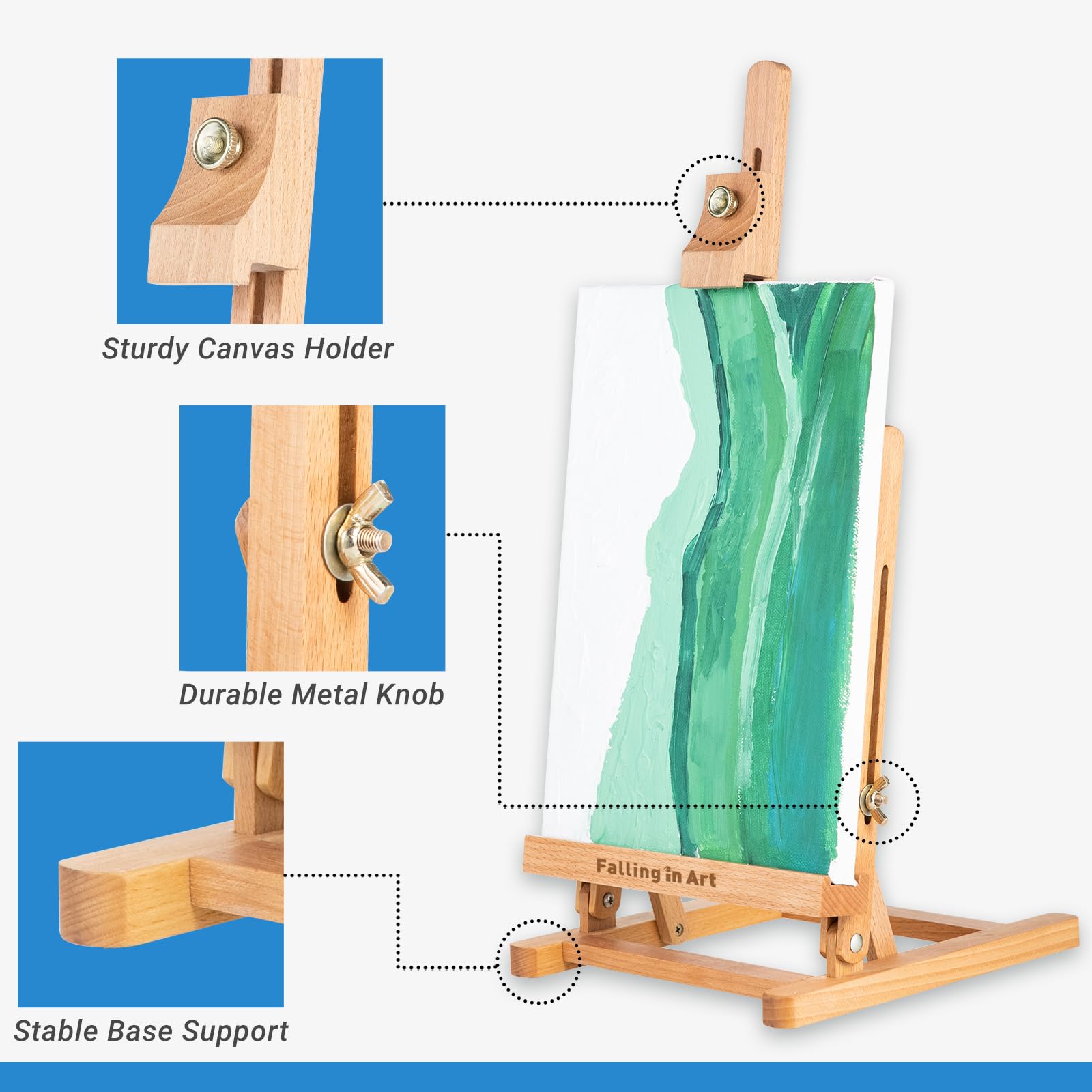 Falling in Art Basic Tischstaffelei mit H-Rahmen, verstellbare Schreibtisch-Staffelei aus Buchenholz, tragbare Staffelei für Anfänger und Künstler, hält Leinwand bis zu 61 cm hoch