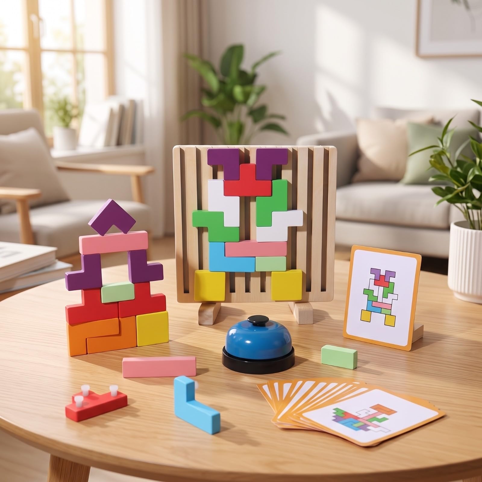 Gioco in Legno con Campanello Puzzle Geometrico in Legno da Tavolo Gioco di Logica a Due Giocatori per Bambini, Famiglie
