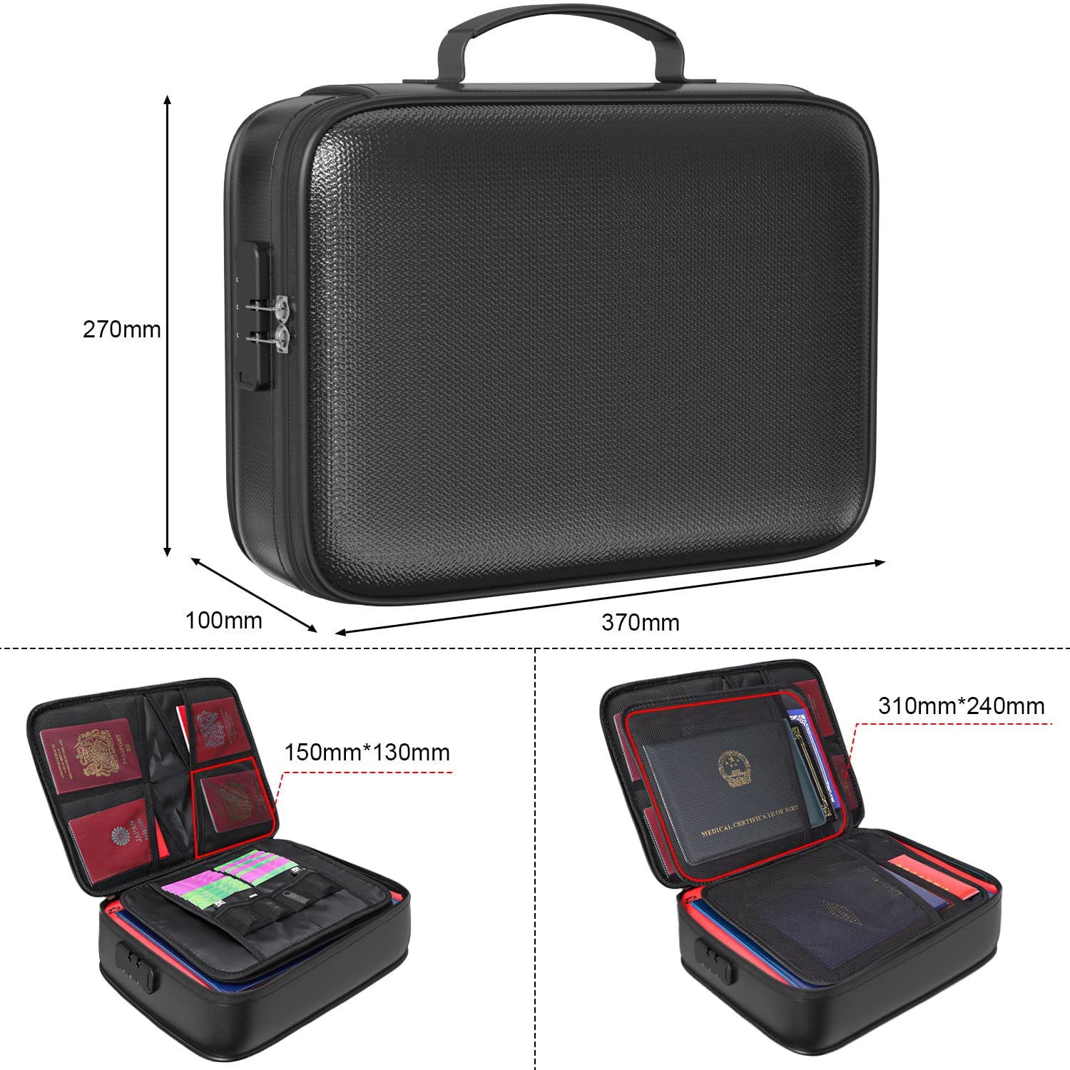 QNIGLO Caja Fuerte Ignífuga con Cerradura, bolsa organizador impermeable, Tarjeta, Certificado Importante con Bolsa Organizadora de Varias capas, bolsa de documentos para el hogar oficina viajes