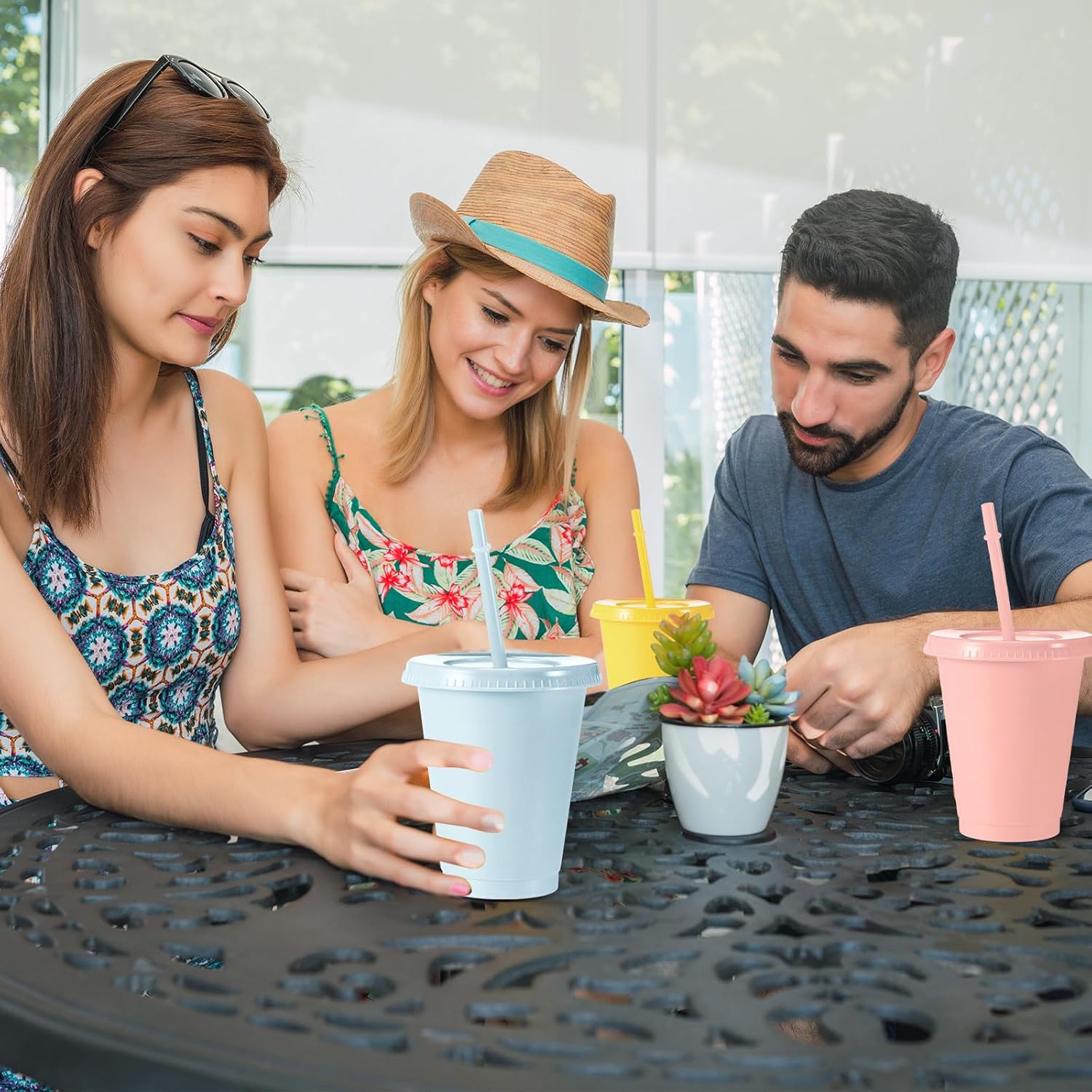 Qinyoung 24 Pcs Plastic Cups with Lids and Straws 16 oz Reusable Rainbow Colored Drinking Cups Set for Adult Iced Coffee Tumblers with Stickers for Summer Party (Morandi Colors)