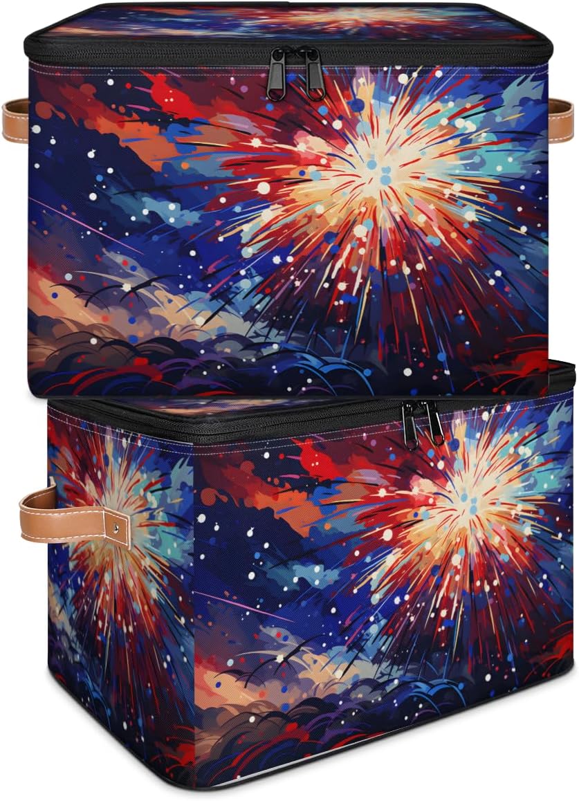 Storage Bin Set of 2 Colorful Fireworks Storage Basket with Zipper Lid & Handle Foldable Closet Shelf 2 Pack Cloth Organizer Basket Cube Bins Clothes Organizer for Bedroom, Nursery