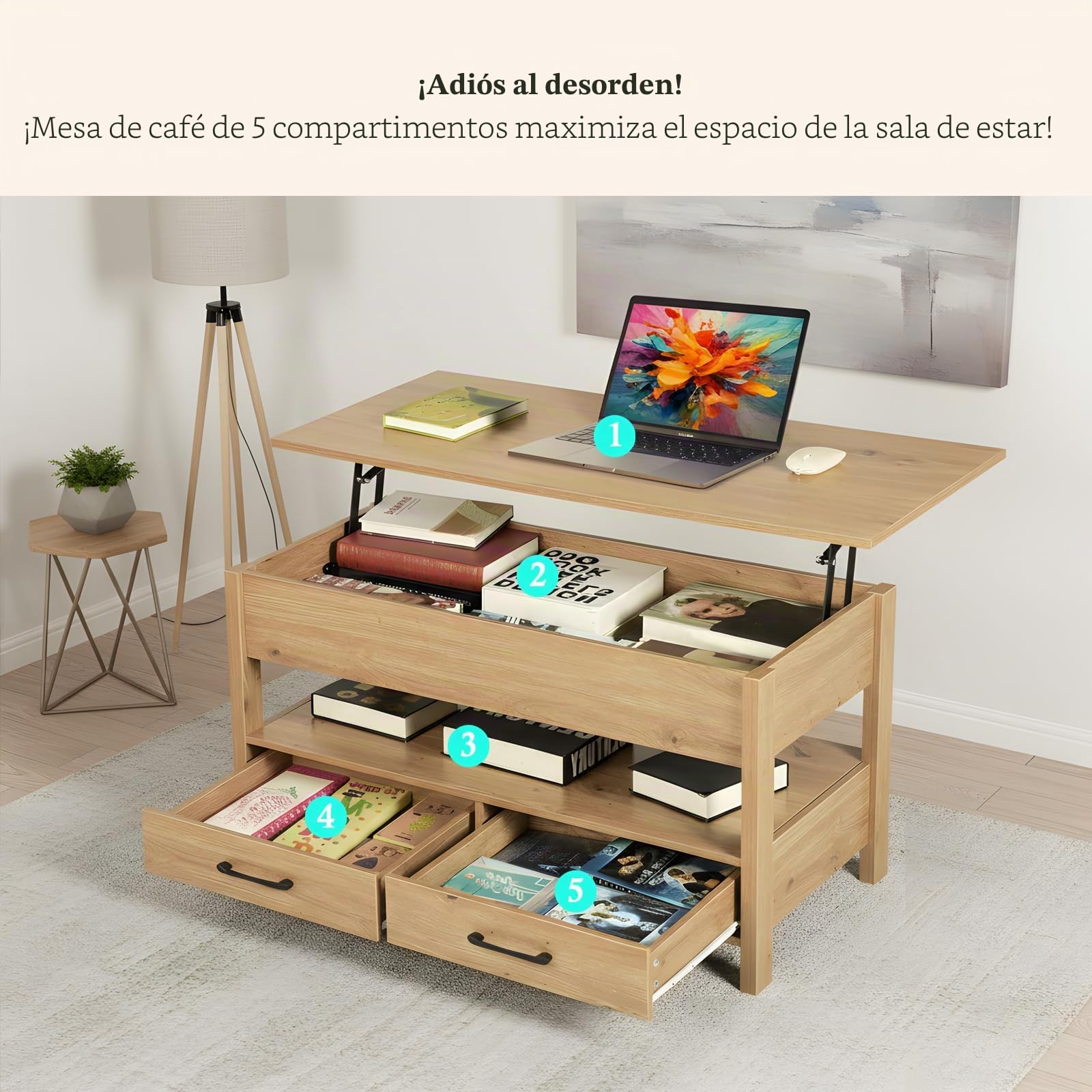 Mesa de Centro Elevable con LED RGB, con Espacio Abierto y Oculto, 2 Cajones, Madera Mesa de Café para Salón, Diseño Industrial, 100 x 50 x (49-63) cm