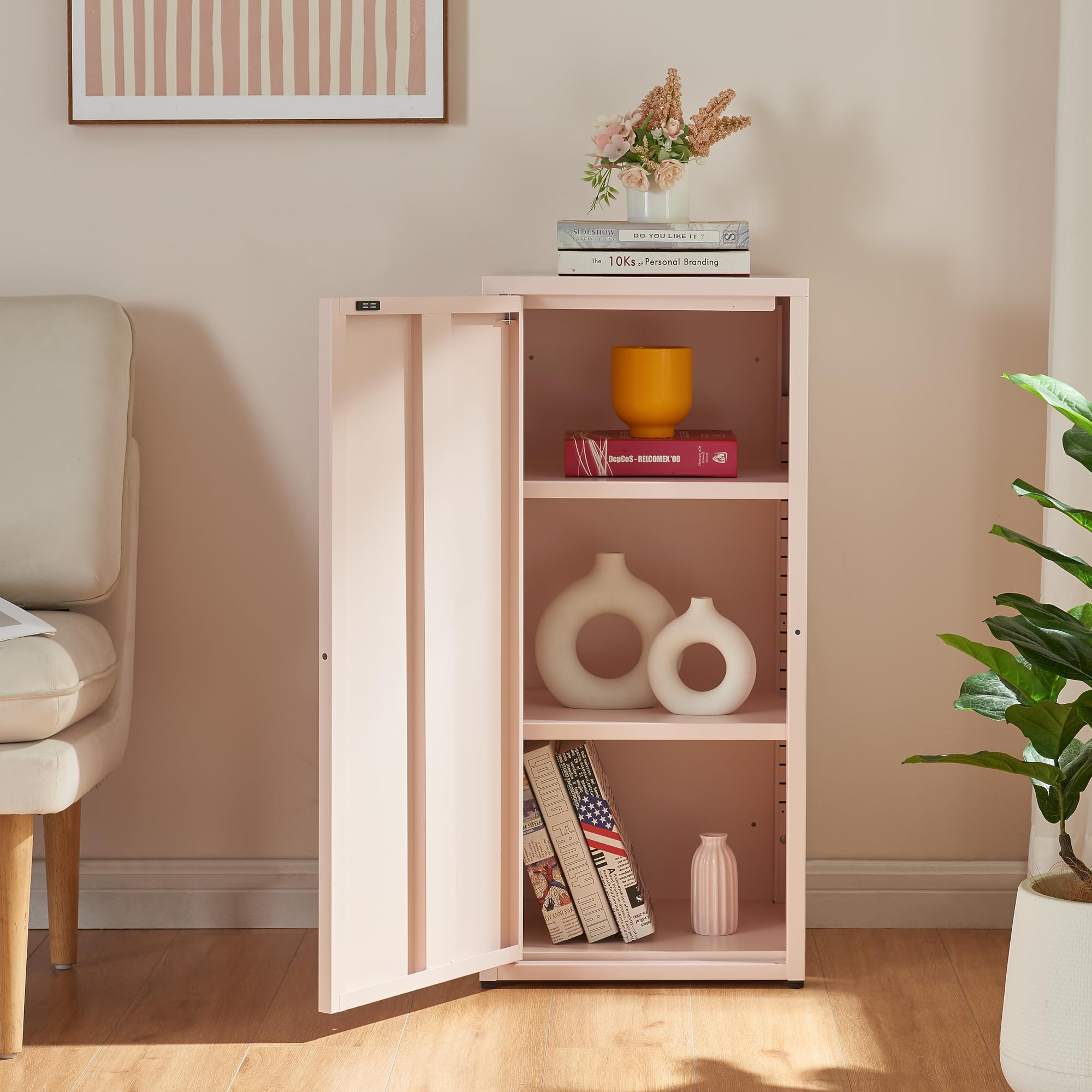 [en.casa] Armario de Oficina Burlöv Archivador de Estudio con 2 Estantes Regulables en Altura Mueble de Oficina con 1 Puerta y 3 Compartimentos Acero 88 x 40 x 35 cm - Rosa