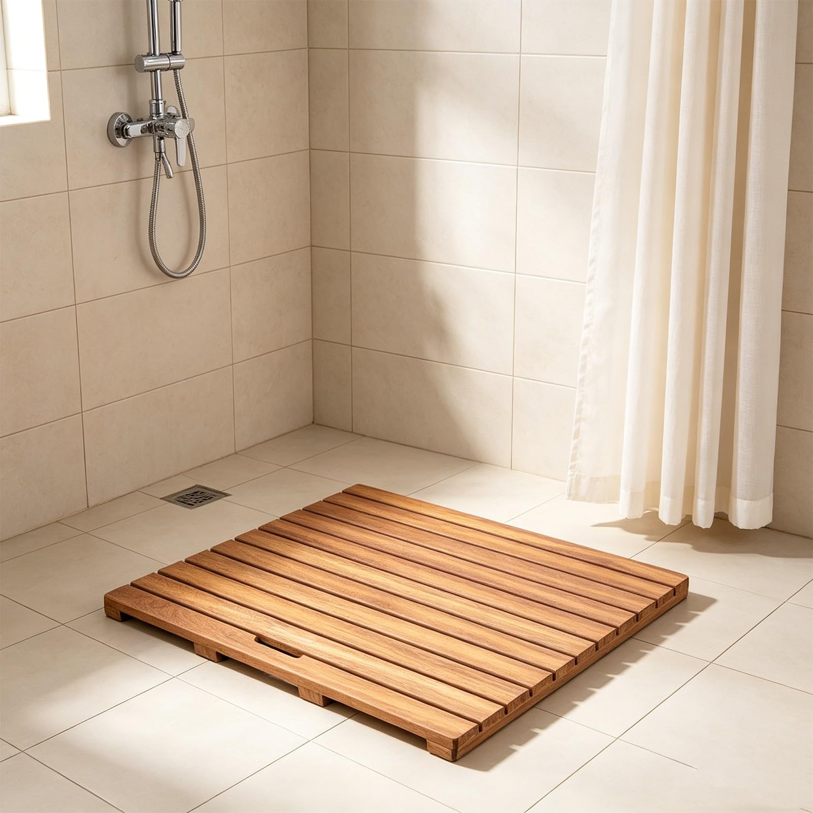 Alfombrilla de baño de madera antideslizante grande para baño, spa, sauna, jardín, diseño de listones, 50 x 100 cm para un drenaje suave y seguridad en el hogar