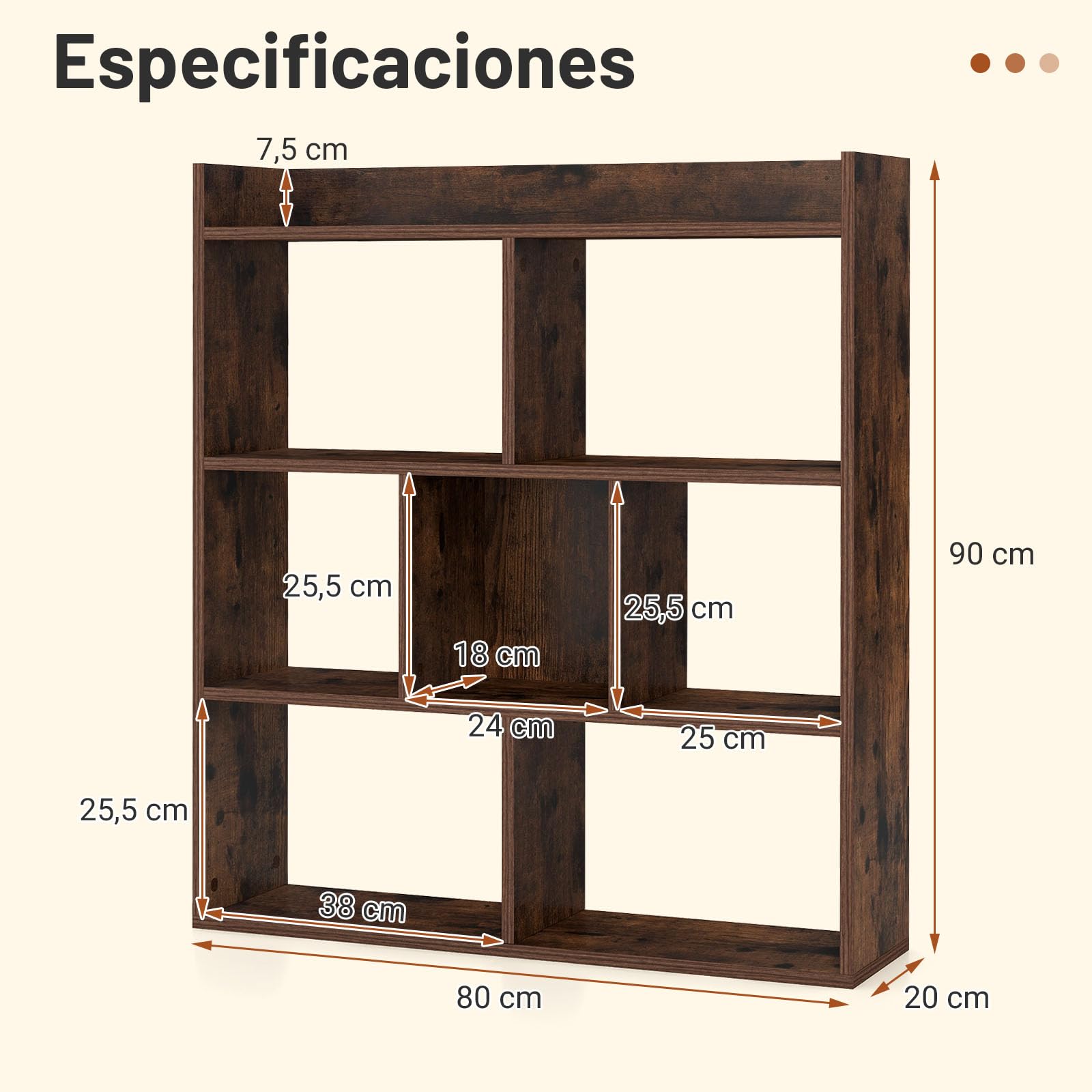 GOPLUS Librería de 7 Cubos Abiertos, Estantería de Madera de 3 Niveles con Kits Antivuelco, Mueble de Almacenamiento para Salón, Habitación Infantil, Estudio, Oficina, 80 x 20 x 90 cm (Marrón)