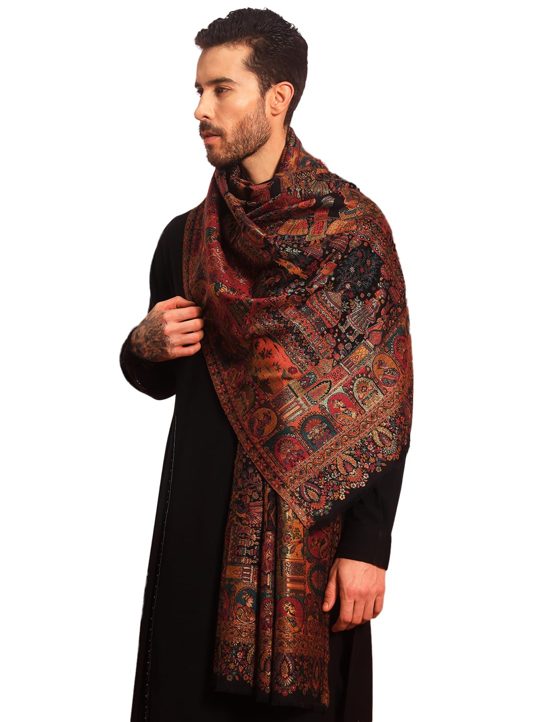 Men Zewar Fine Wool Kaani Shawl, Authentic Kashmiri Luxury Pashmina Style Shawl, Stole, Medium Gents Lohi, Size (40x80 Inches)