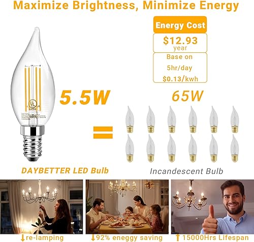Miniatura 4 de DAYBETTER Bombillas LED equivalentes a 60 vatios, bombillas LED de candelabro, bombilla LED E12 de 2700 K, bombillas de araña de luz blanca cálida,