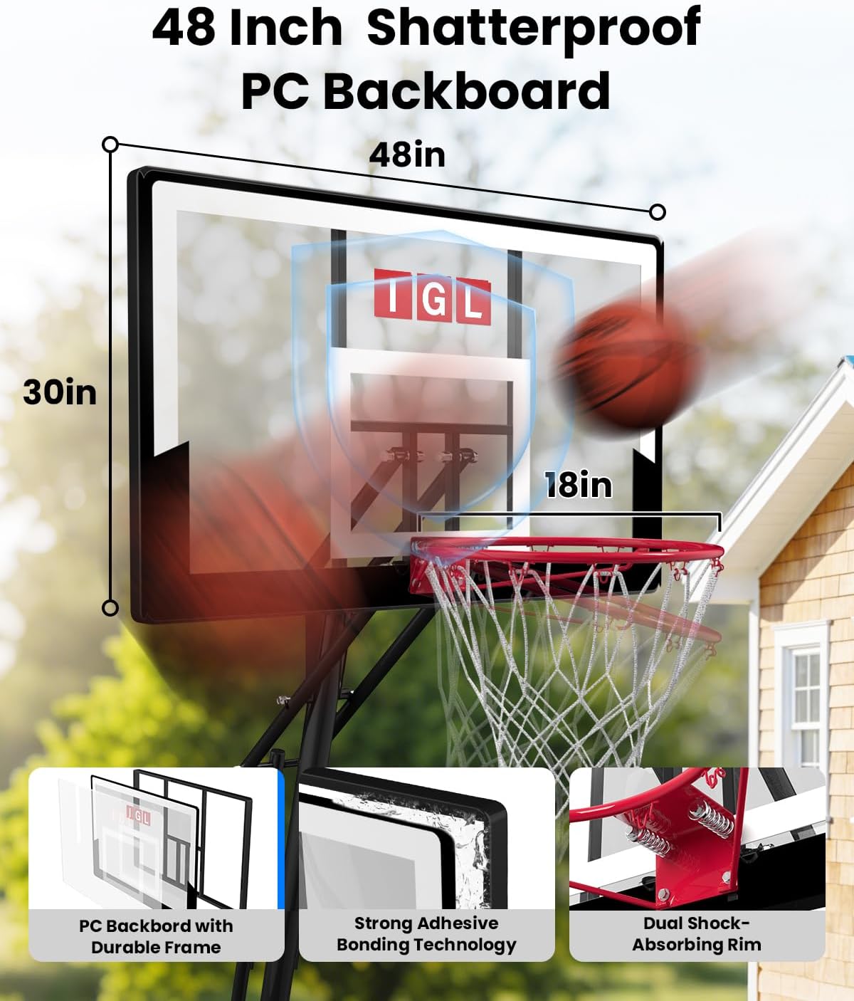 IGL Portable Basketball Hoop Outdoor, 40/44/48 Inch PC Backboard, 5.5–10 FT Height Adjustable Basketball Goal System, Stable Angled Pole, Fillable Base with Wheels for Kids, Youth & Family
