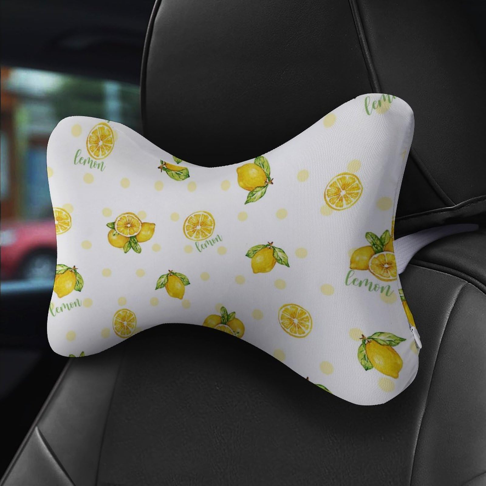 SMAZDFXX Lemons Dot Car Neck Pillow Set of 2 Car Seat Head Support Cushion Bone Pillows with Elastic Strap