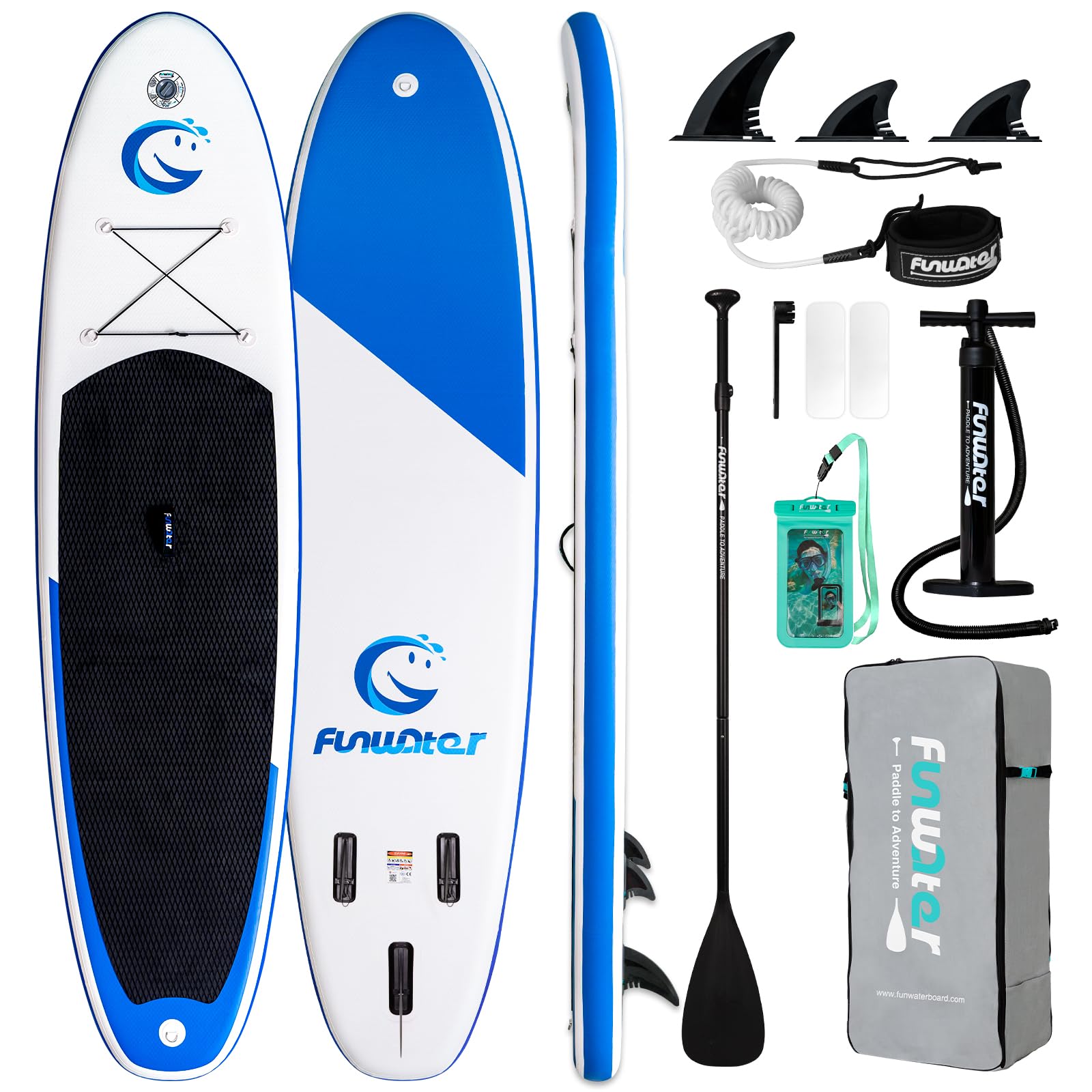 FunWater Planche Sup Gonflable Tous Niveaux Idéale Débutants et Famille Plateforme Anti Dérapante EVA Pack Complet avec Pagaie Réglable Pompe et Accessoires