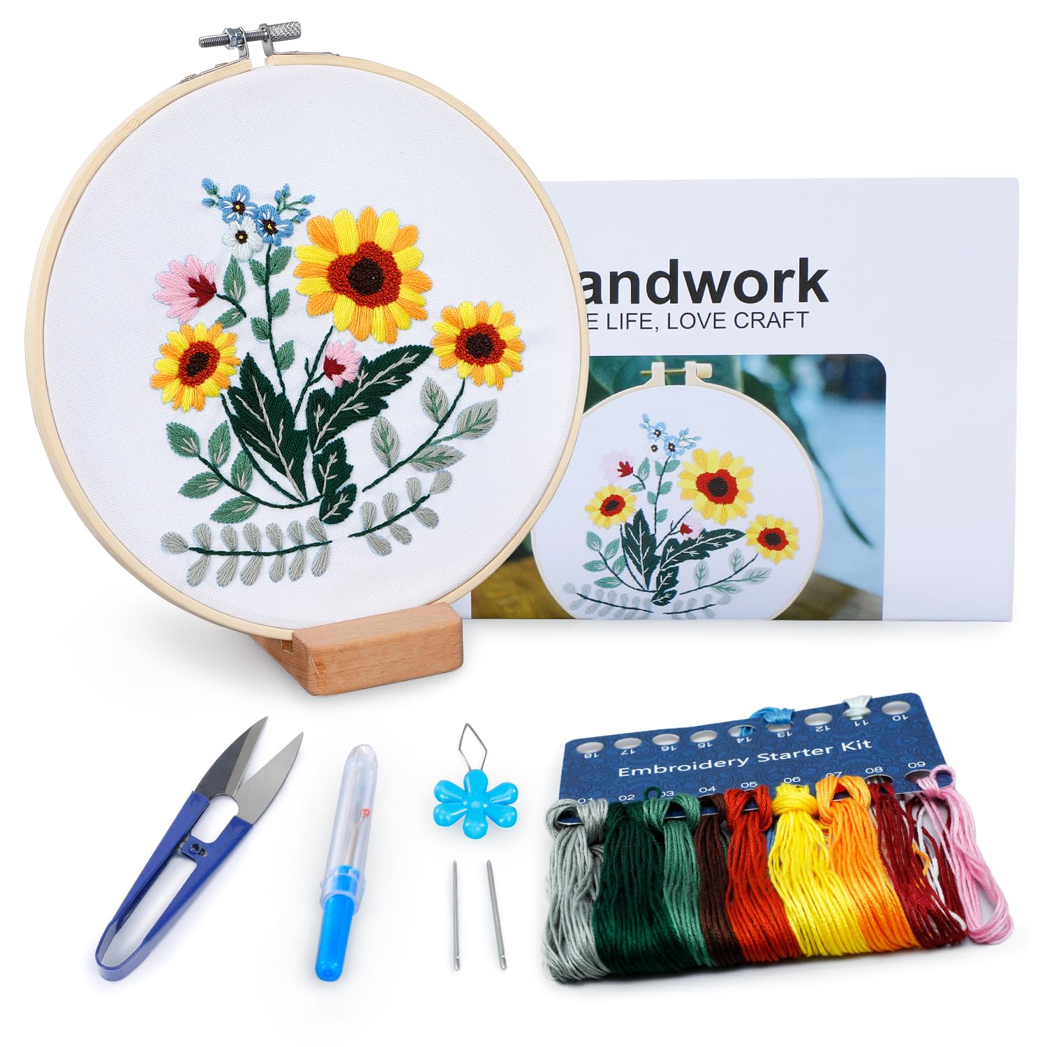 Embroidery Kit for Beginners, Flowers and Leaves Embroidery Practice Kit, Hand Floral Embroidery Starter Kit for Adults with Video Step by Step Instructions, Hoops, Threads and Needles (BEF012)