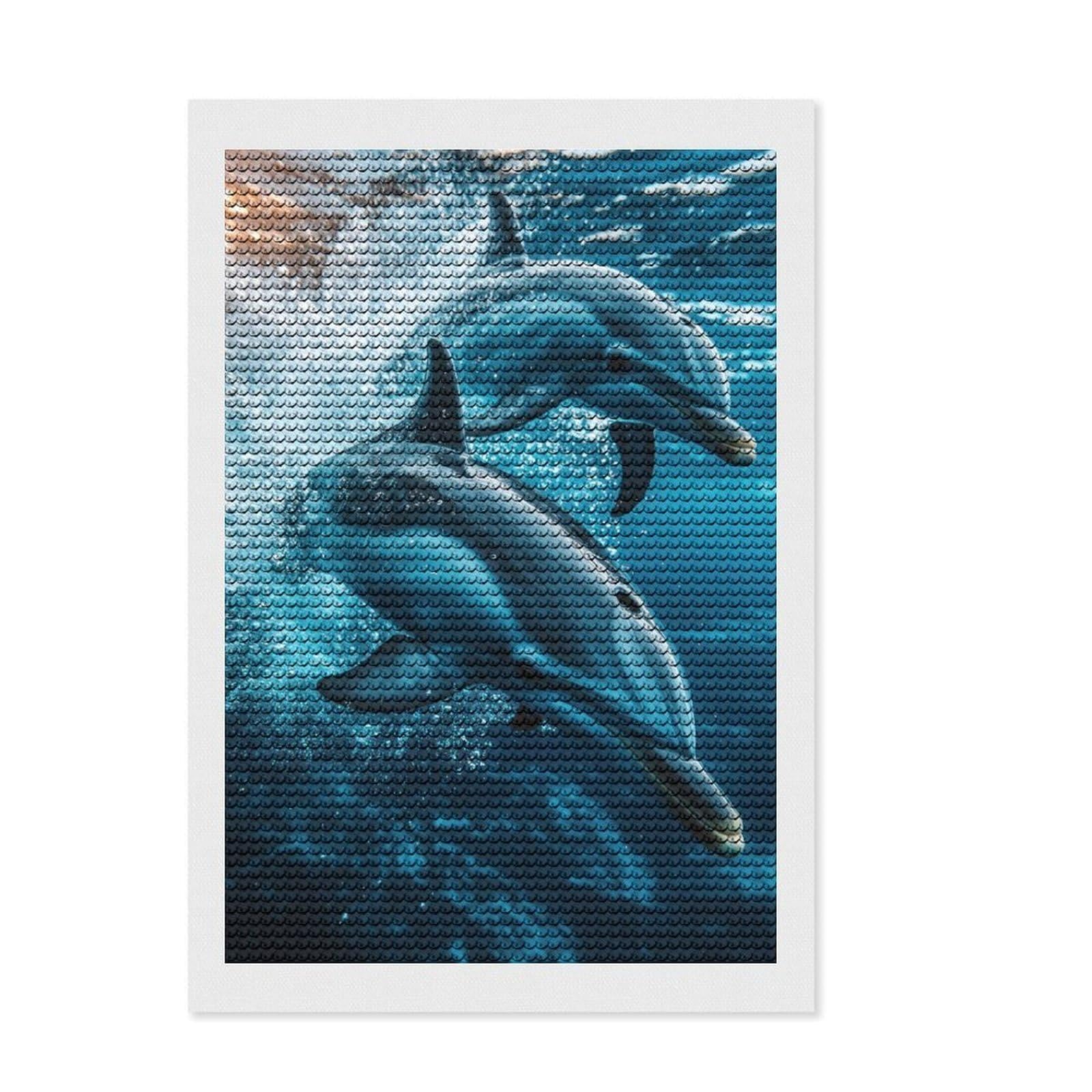 Junmoney Dolphins Underwater Full Drill Diamond Painting Kit 8"x12", for Women, Stress Relief Craft, Aesthetic Room Decor, Birthday Gift