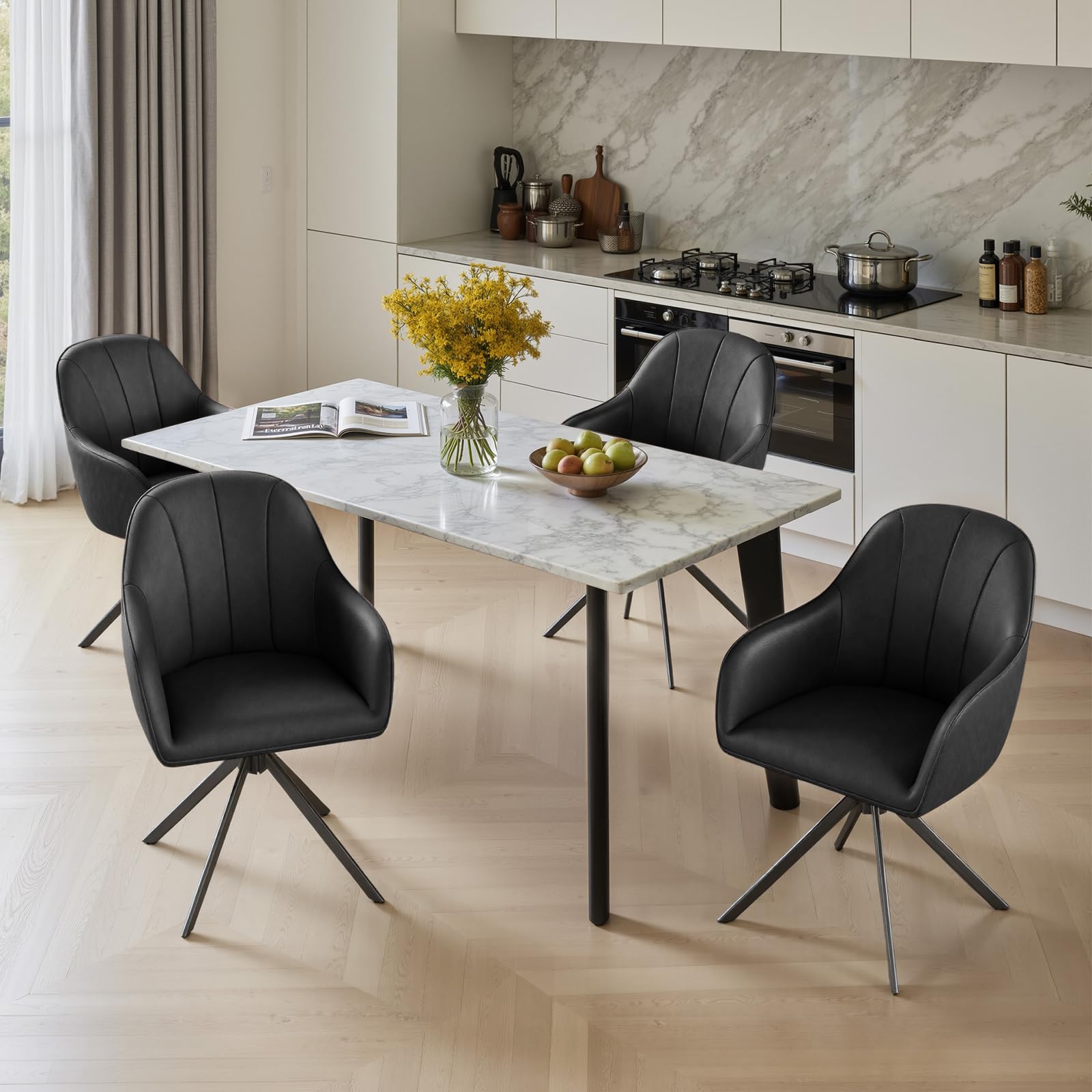 Hawthyhome Esszimmerstühle drehbar 2er Set mit Armlehne | Polsterstuhl mit 5 cm Kissen & Metallbeinen | Moderner Küchenstuhl für Esszimmer, Wohnzimmer, Büro • PU Leder/Schwarz