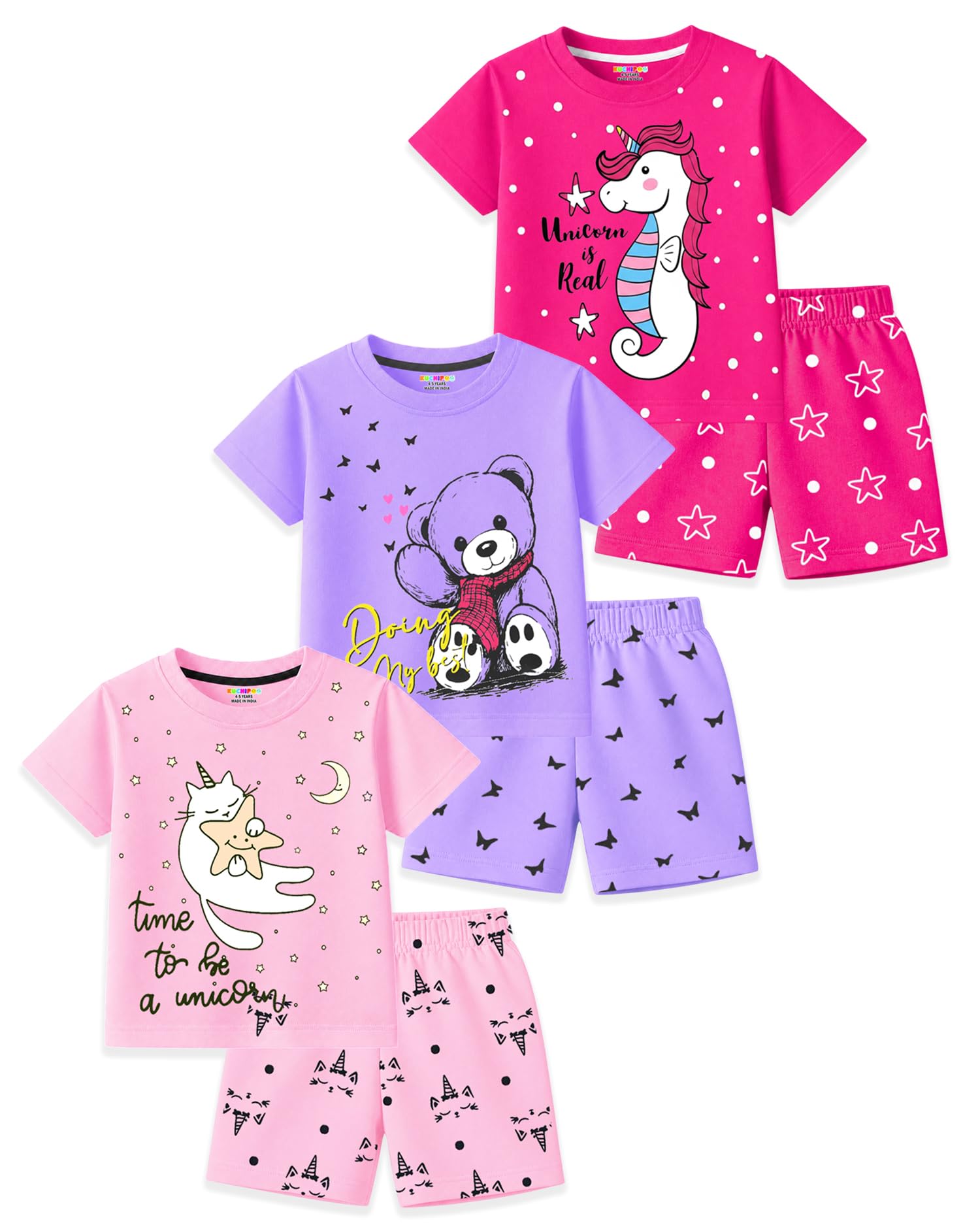 kuchipoo Girls Cotton T-Shirt & Shorts | Printed Summer Wear Set | Soft & Comfortable Kids Clothing | Pack of 3-picture-36
