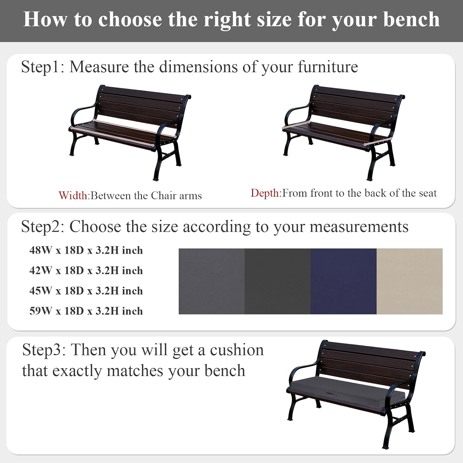 SHACOS Outdoor Bench Cushion 48 x 18 Inch Memory Foam Cushion Waterproof Fade Resistant Patio Furniture Cushions with Handle for Sofa and Chair, Dark Gray