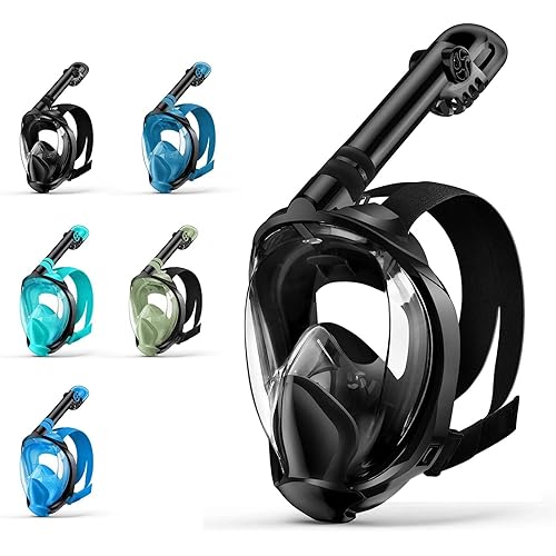 Full Face Snorkel Mask, Snorkeling Gear for Adults Diving Mask Anti Fog Premium Innovative Safety Breathing System, 180 Panoramic Foldable Anti Leak Swimming Mask with Detachable Camera Mount