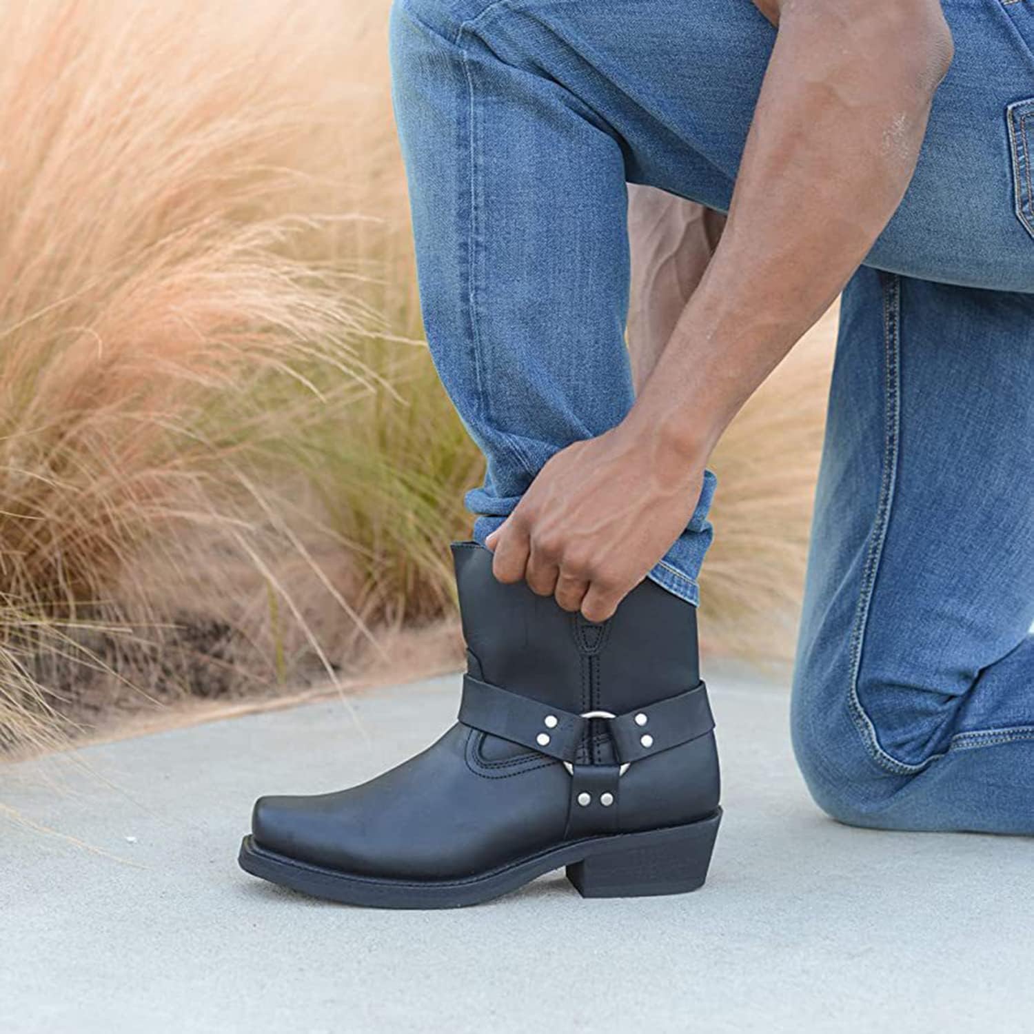Cowboystiefel für Herren, Cowboy- und Bikerstiefel, Leder-Westernstiefel, rutschfeste Schnürstiefel bis zur Mitte der Wade, Schwarz, 47 EU