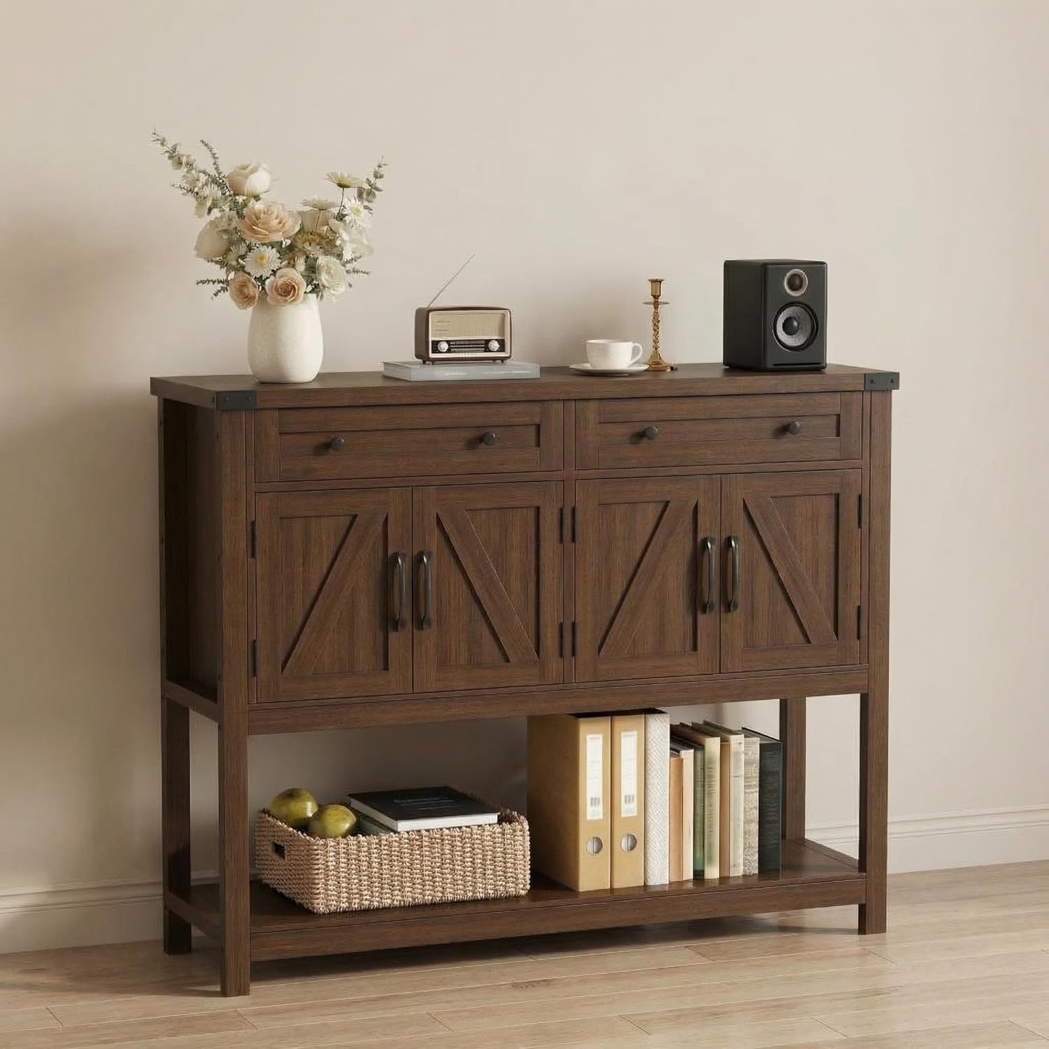 Rustic 47-Inch Wood Coffee Bar Storage Cabinet with 2 Drawers & 4 Barn Doors, Large Farmhouse Console Table and Kitchen Cupboard, Buffet Sideboard for Dining Room, Entryway and Living Area