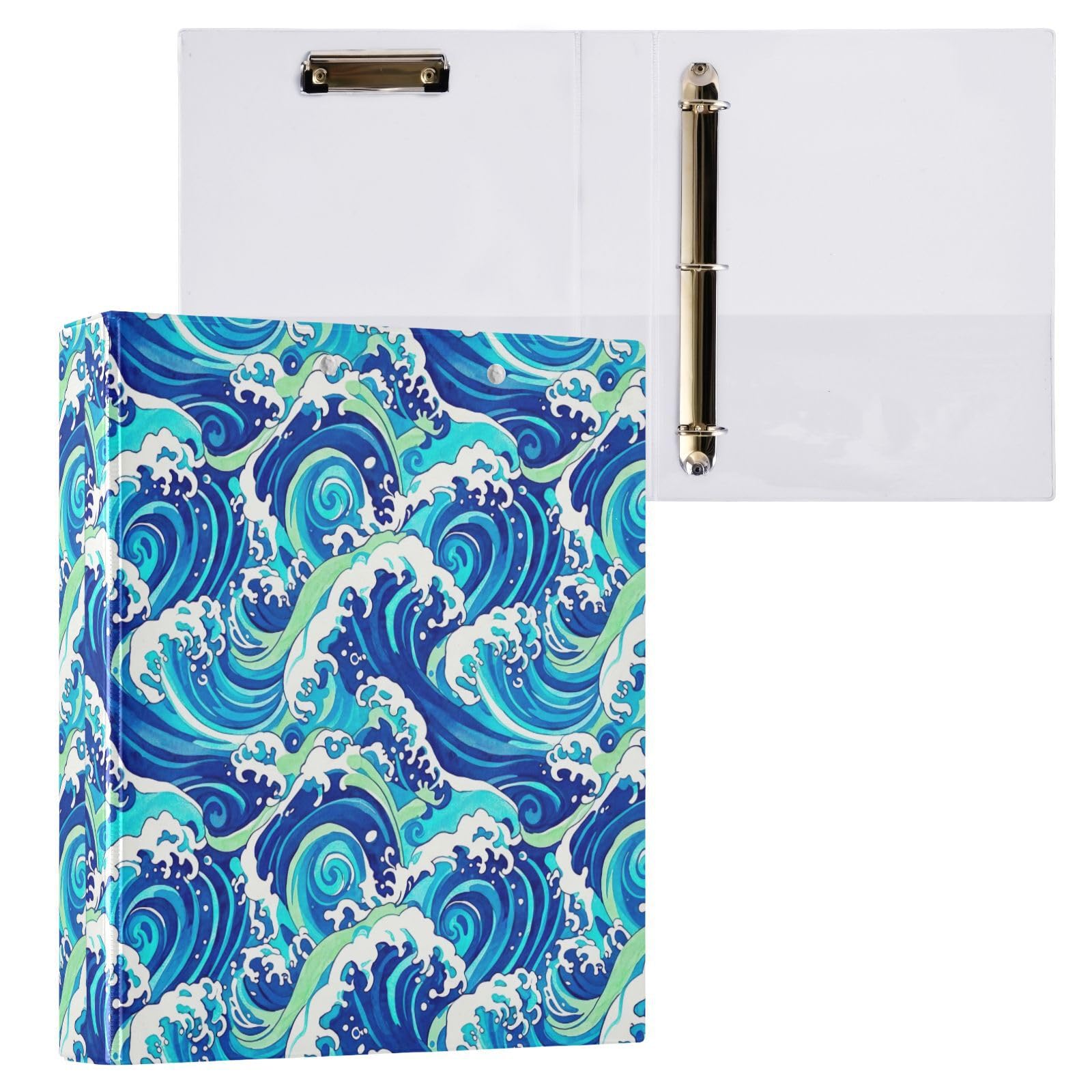 Ocean Waves - Raccoglitore a 3 anelli flessibile, 3,8 cm, colore: blu, turchese, bianco, confezione da 2