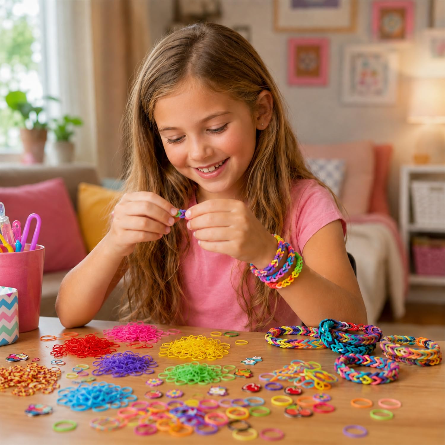 INSCRAFT 17160+ Kit di ricarica per elastici in 34 colori con 600 clip, 6 ganci, 1 istruzioni (lingua italiana non garantita), kit fai da te per la creazione di braccialetti fai da te, ottimo regalo