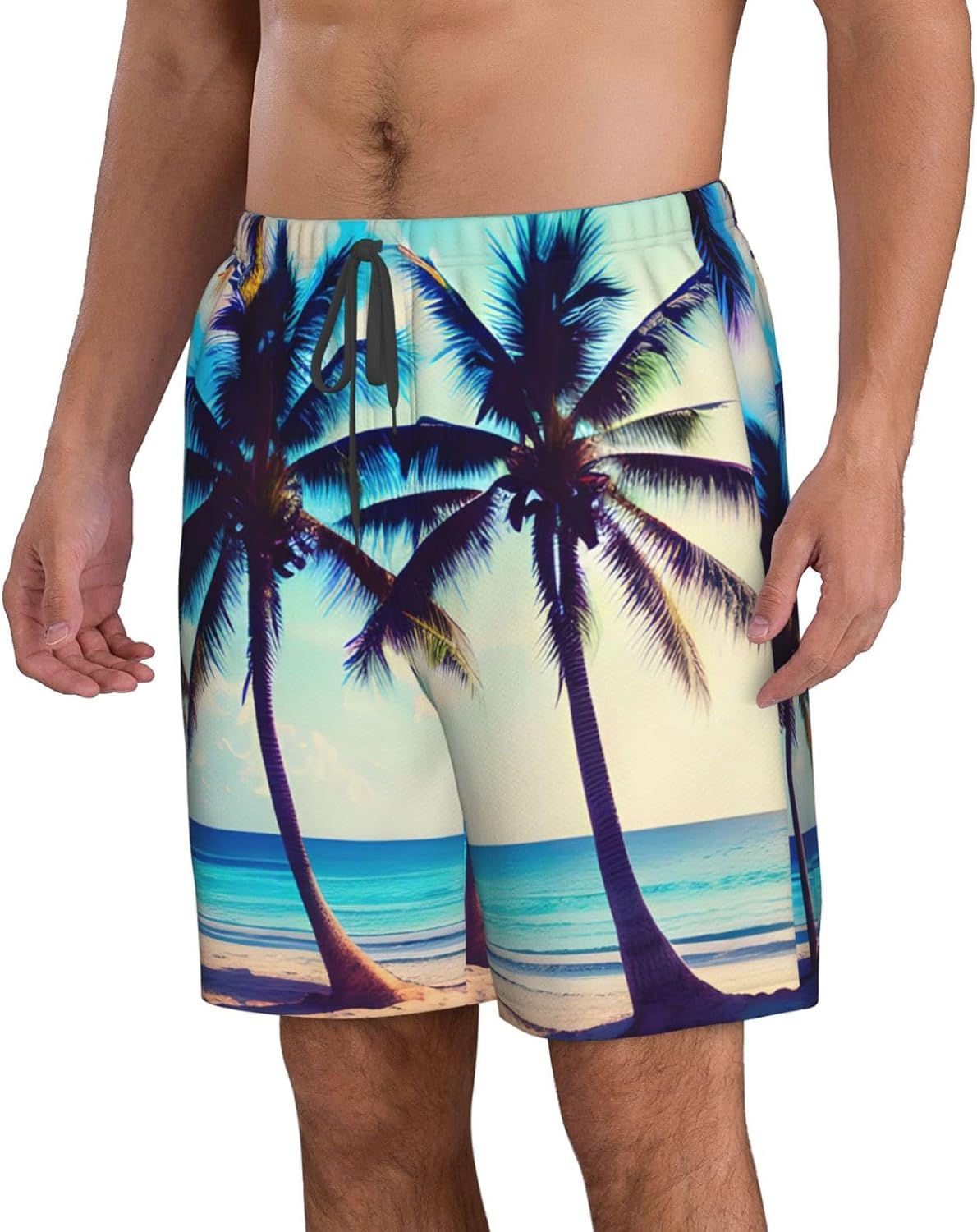 Mens Beach Palm Trees Print Beach Shorts,Casual Summer Shorts for Men,Quick Dry Polyester
