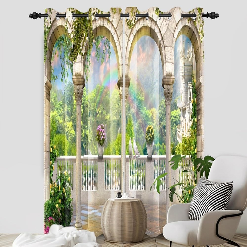 Vintage Garden Curtains Fairy Castle Garden Princess Themed Window Treatments Decor Rainbow Balcony Scenery Blackout Window Drapes for Bedroom Living Room Patio 2 Panel Set,52x96inch